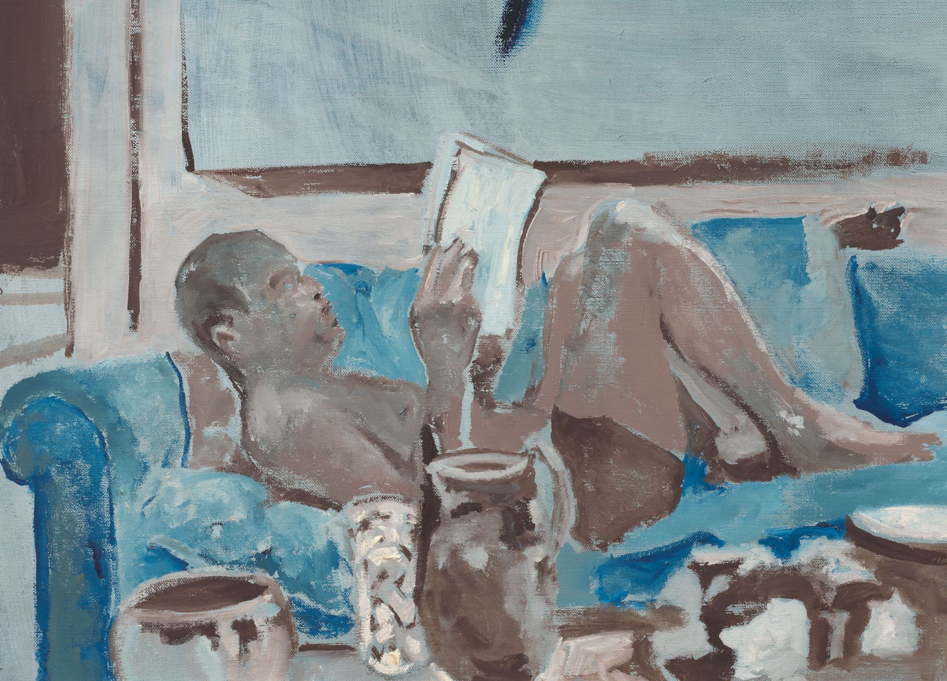 A detail from a painting by Noah Davis, titled Untitled (Man on Couch), dated 2009