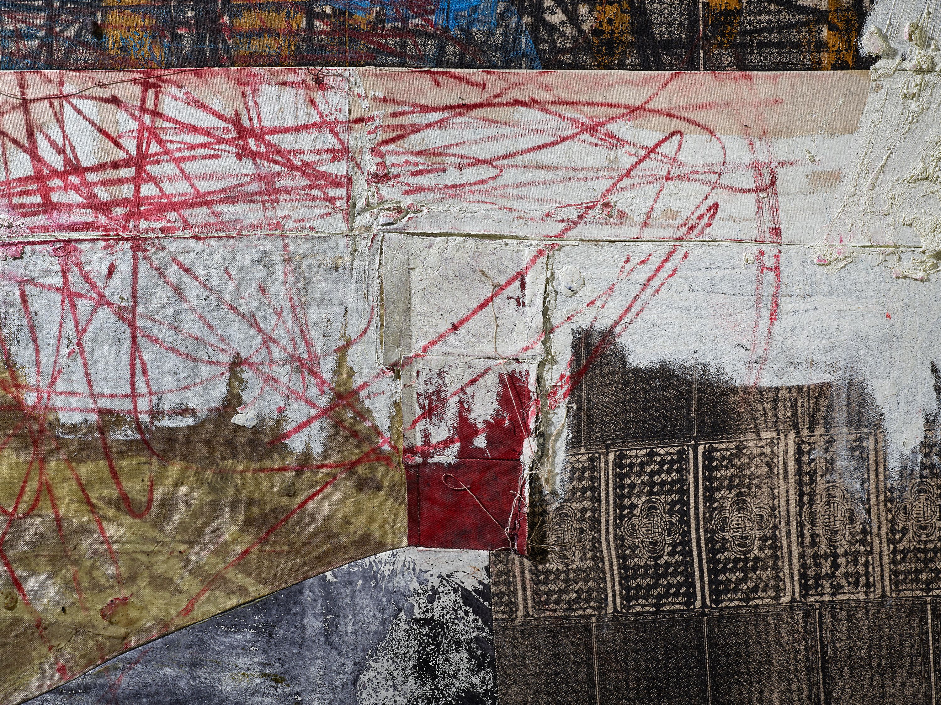 A detail from a painting by Oscar Murillo, titled emergent and upbeat, dated 2017 to 2018.