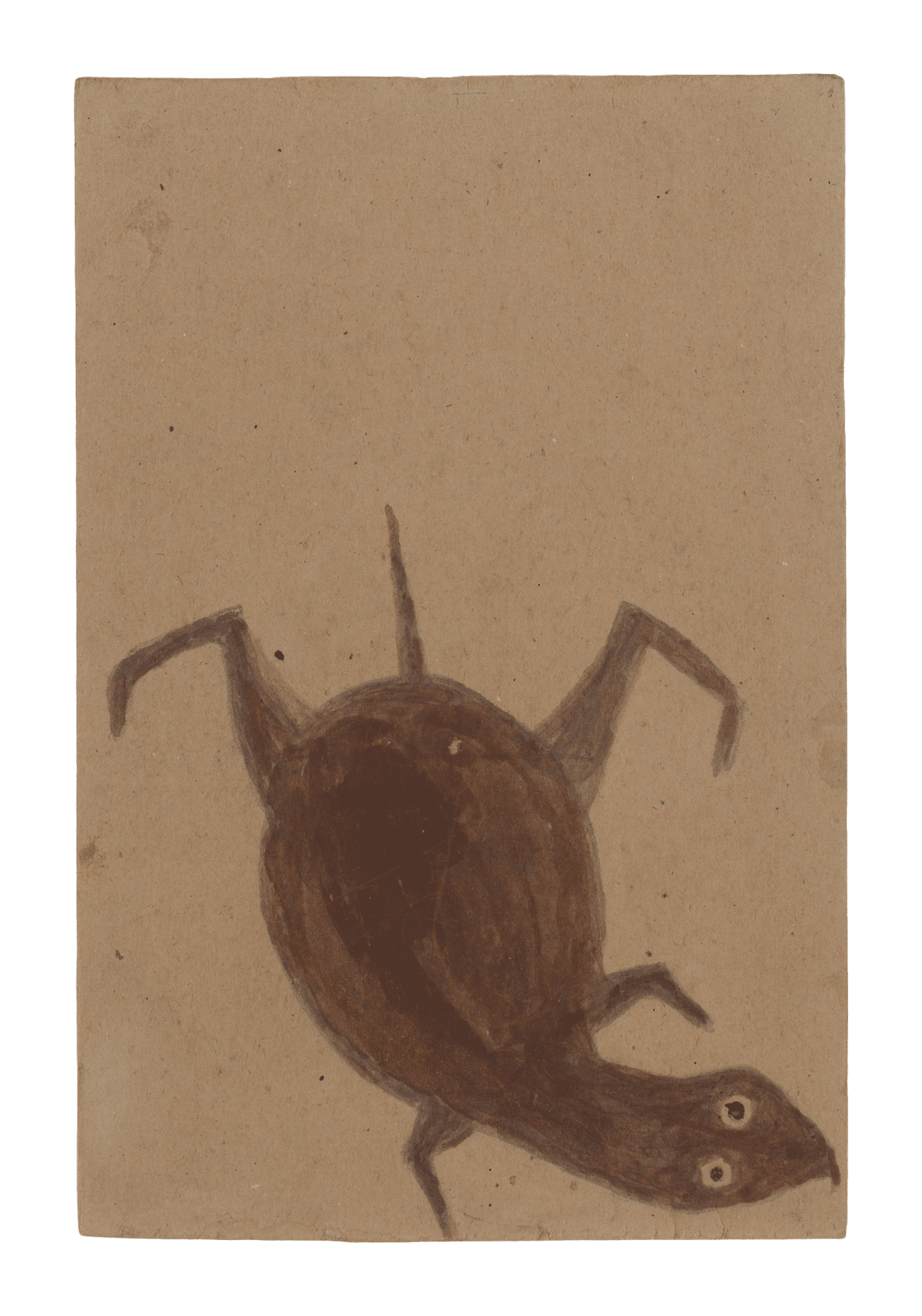 A mixed media work on cardboard by Bill Traylor, titled Turtle Swimming Down, circa 1939 to 1940.