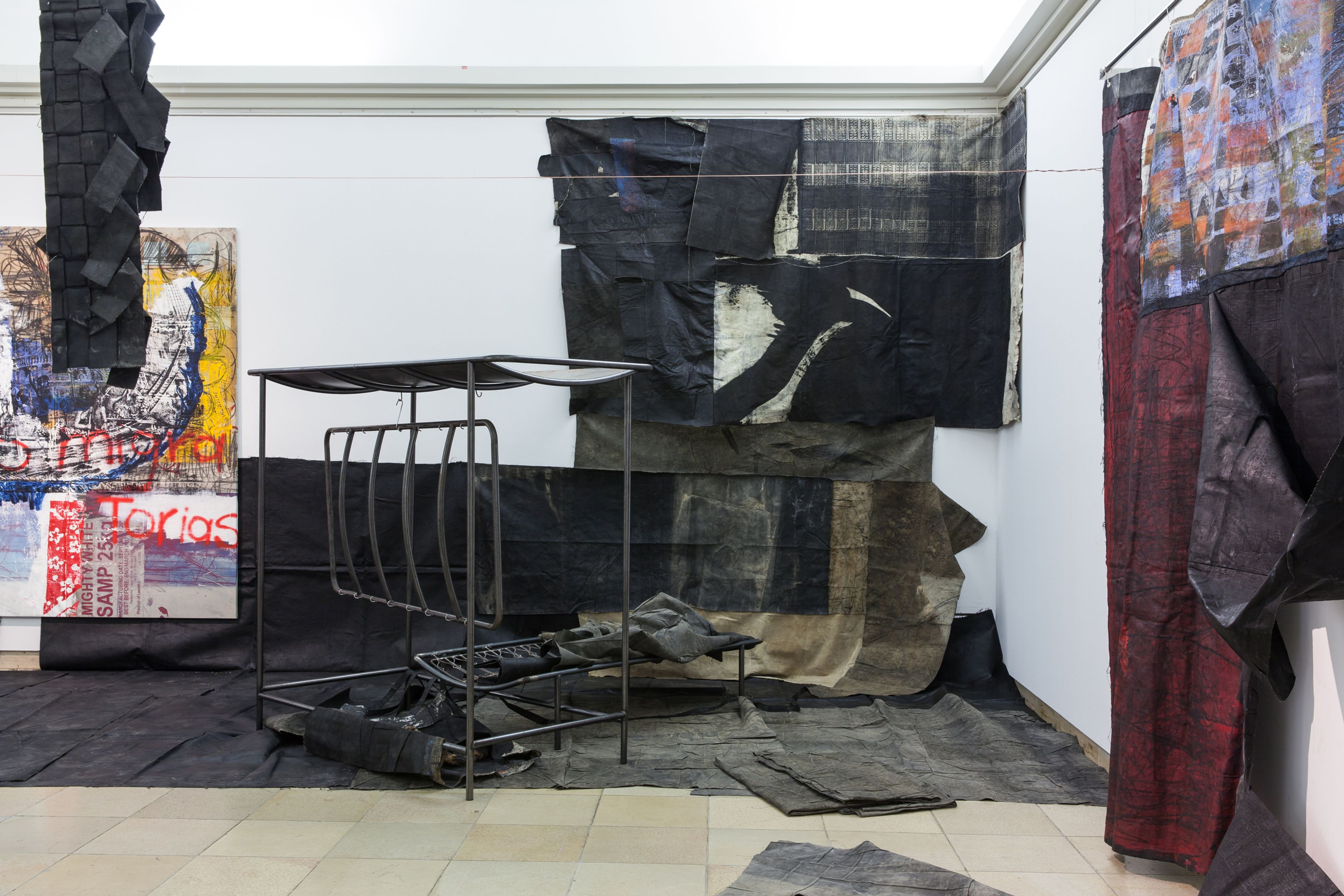 Installation view of the exhibition Oscar Murillo at Haus der Kunst in Munich, dated 2017. 