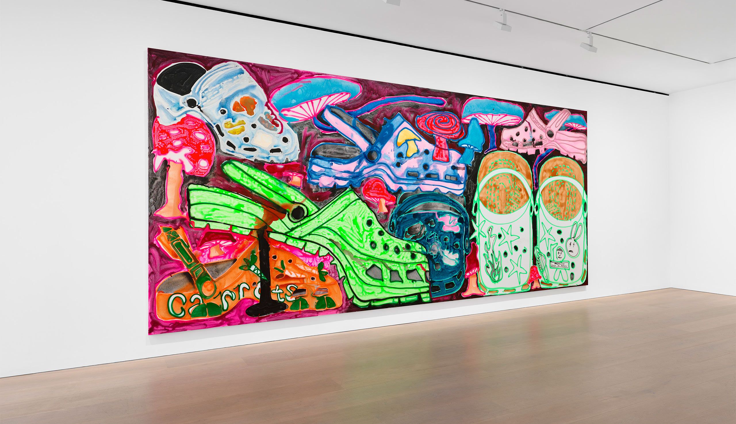 Installation view, Katherine Bernhardt: why is a mushroom growing in my shower?