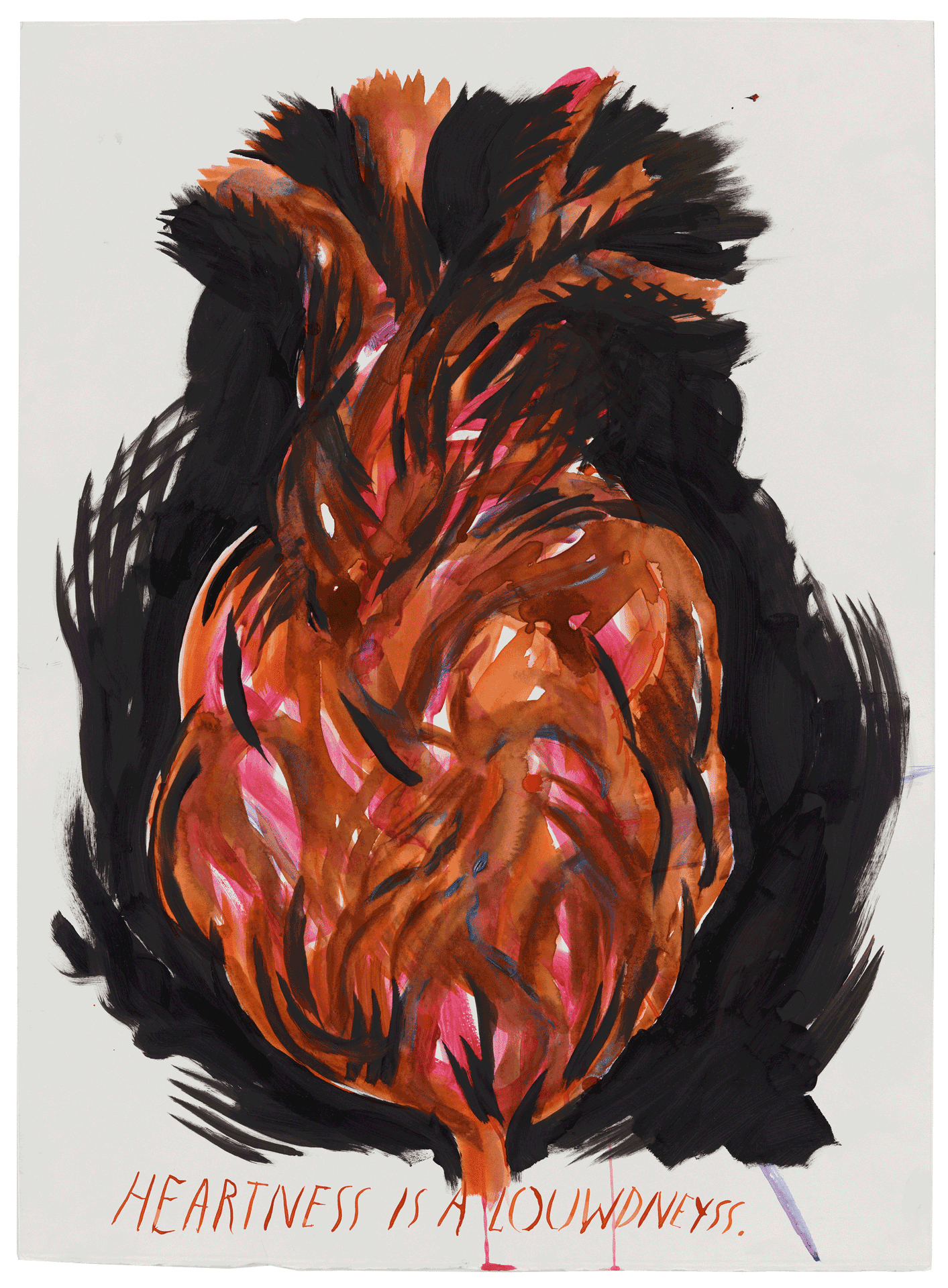An ink, gouache and acrylic work on paper by Raymond Pettibon, titled No title (Heartness is a...), dated 2013.