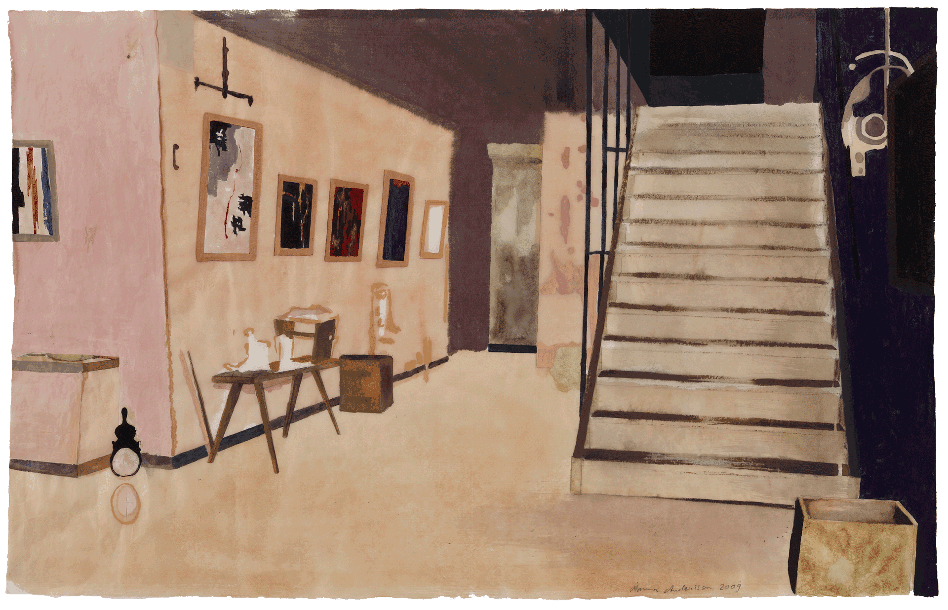 An untitled watercolor by Mamma Andersson, dated 2009.