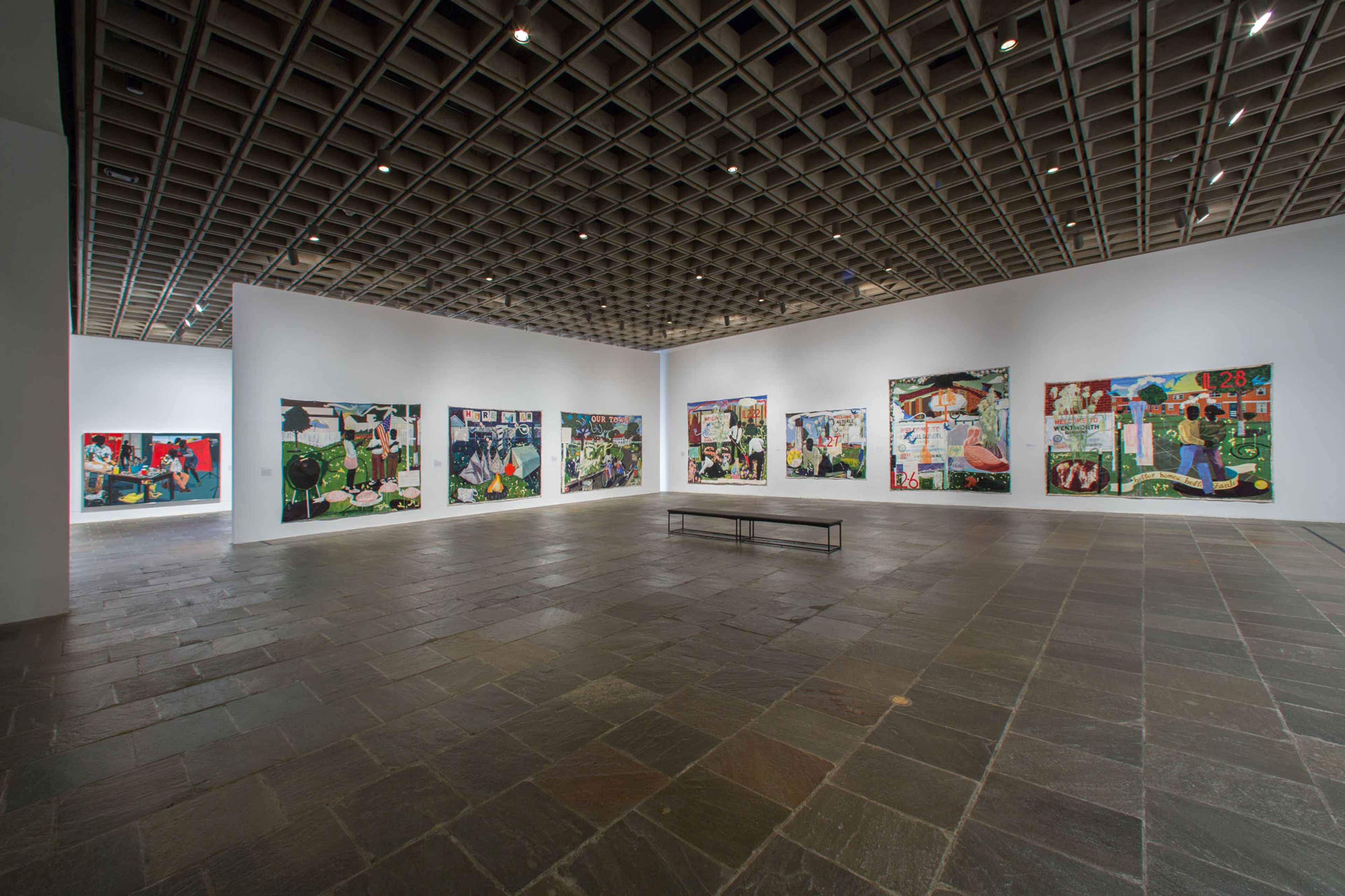 Installation view of the exhibition Kerry James Marshall: Mastry at the Met Breuer in New York, dated 2016 through 2017.