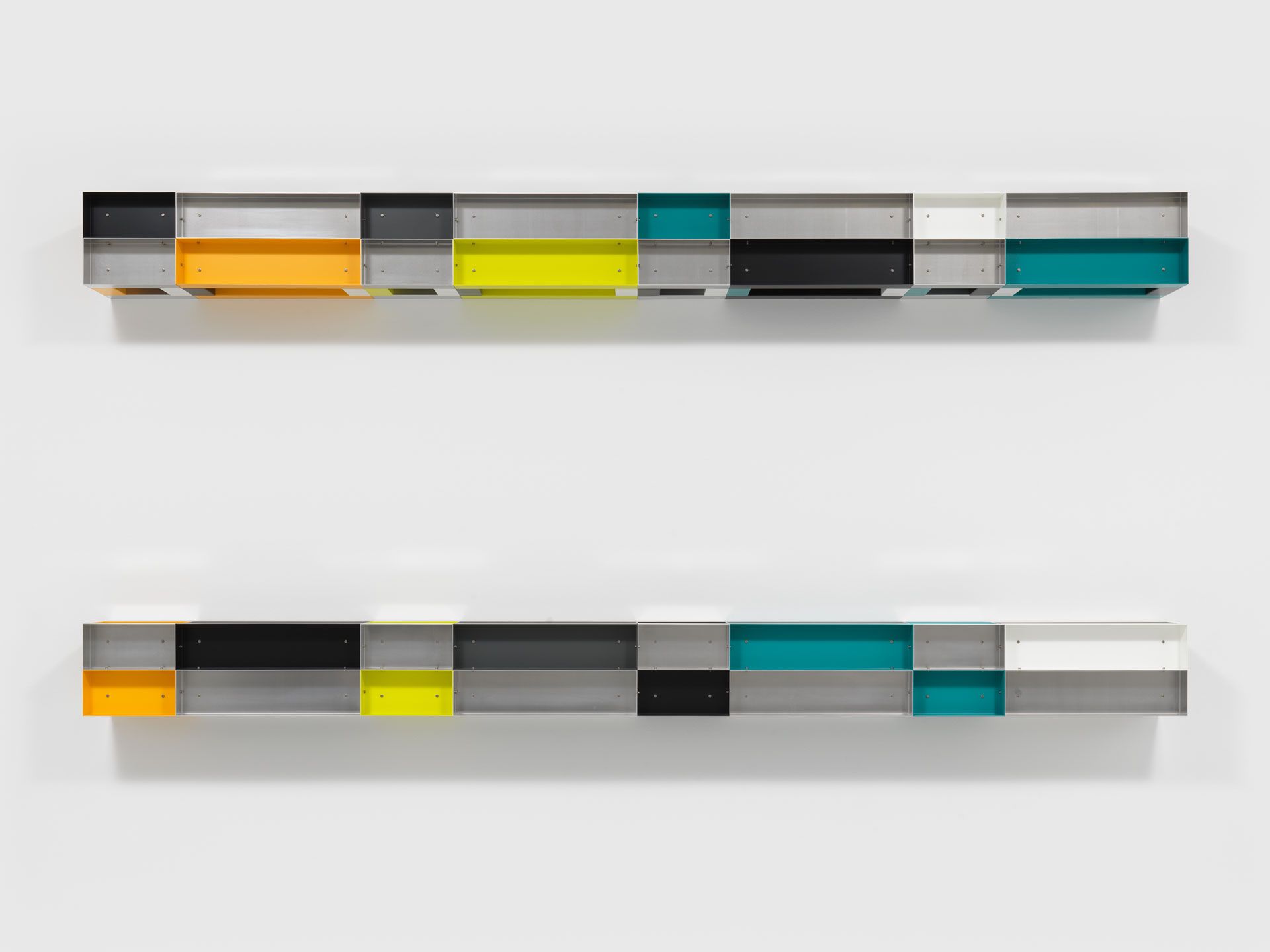 An untitled painted aluminum sculpture by Donald Judd, dated 1987.