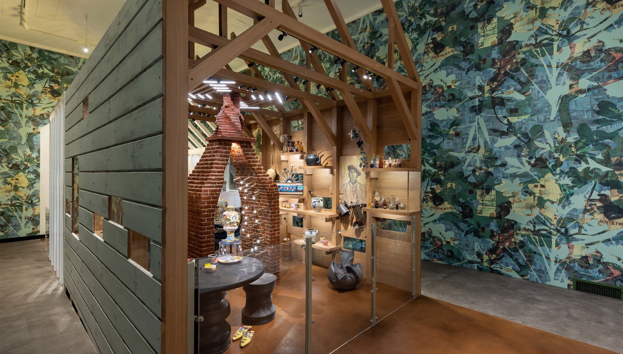 An Installation view, Njideka Akunyili Crosby’s Thriving and Potential, Displaced (Again and Again and...) (2021), on view in Before Yesterday We Could Fly: An Afrofuturist Period Room, The Metropolitan Museum of Art, New York, Ongoing