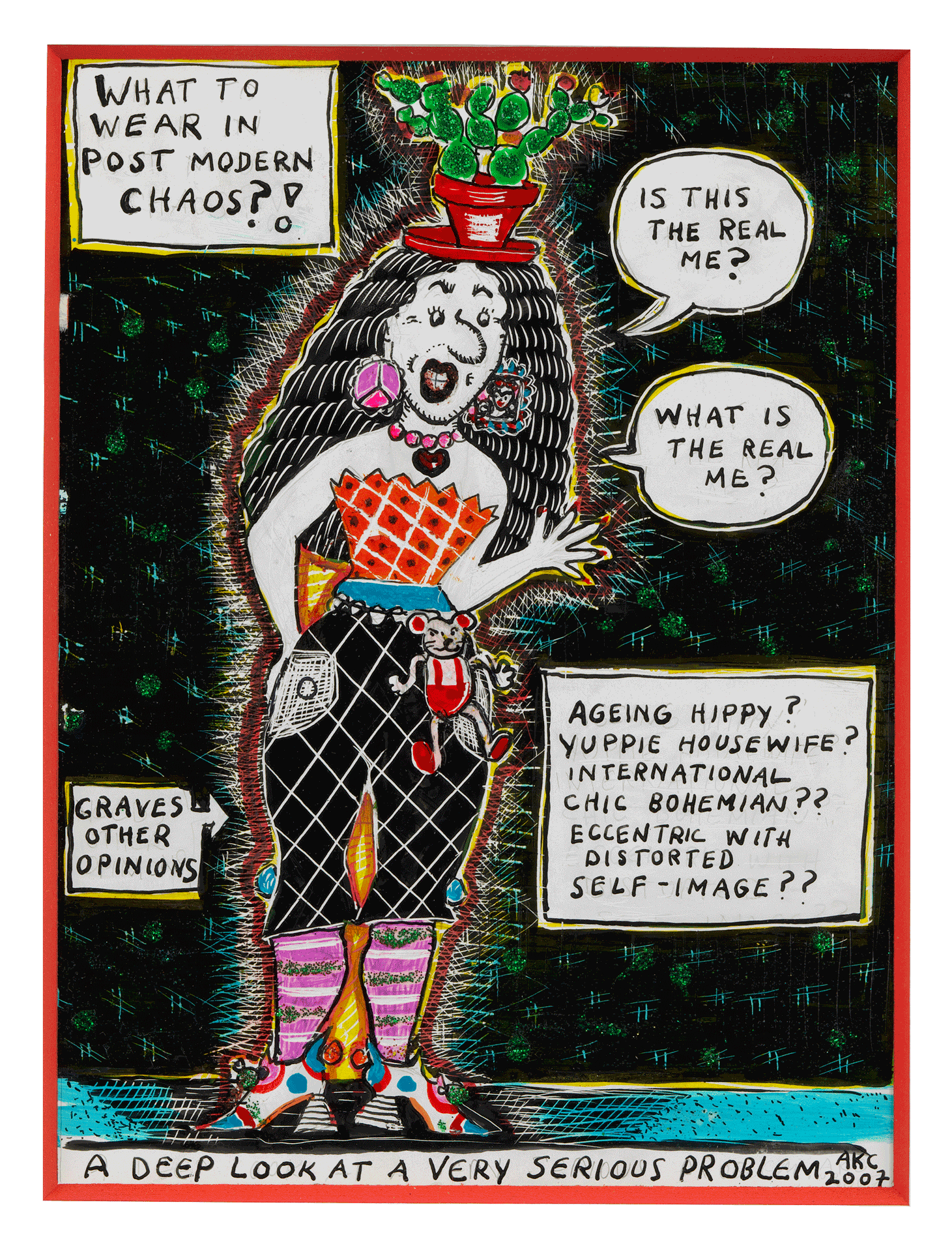 A drawing by Aline Kominsky-Crumb and R. Crumb, titled What to wear in Post Modern Chaos? A Deep Look at a very serious Problem, dated 2007.
