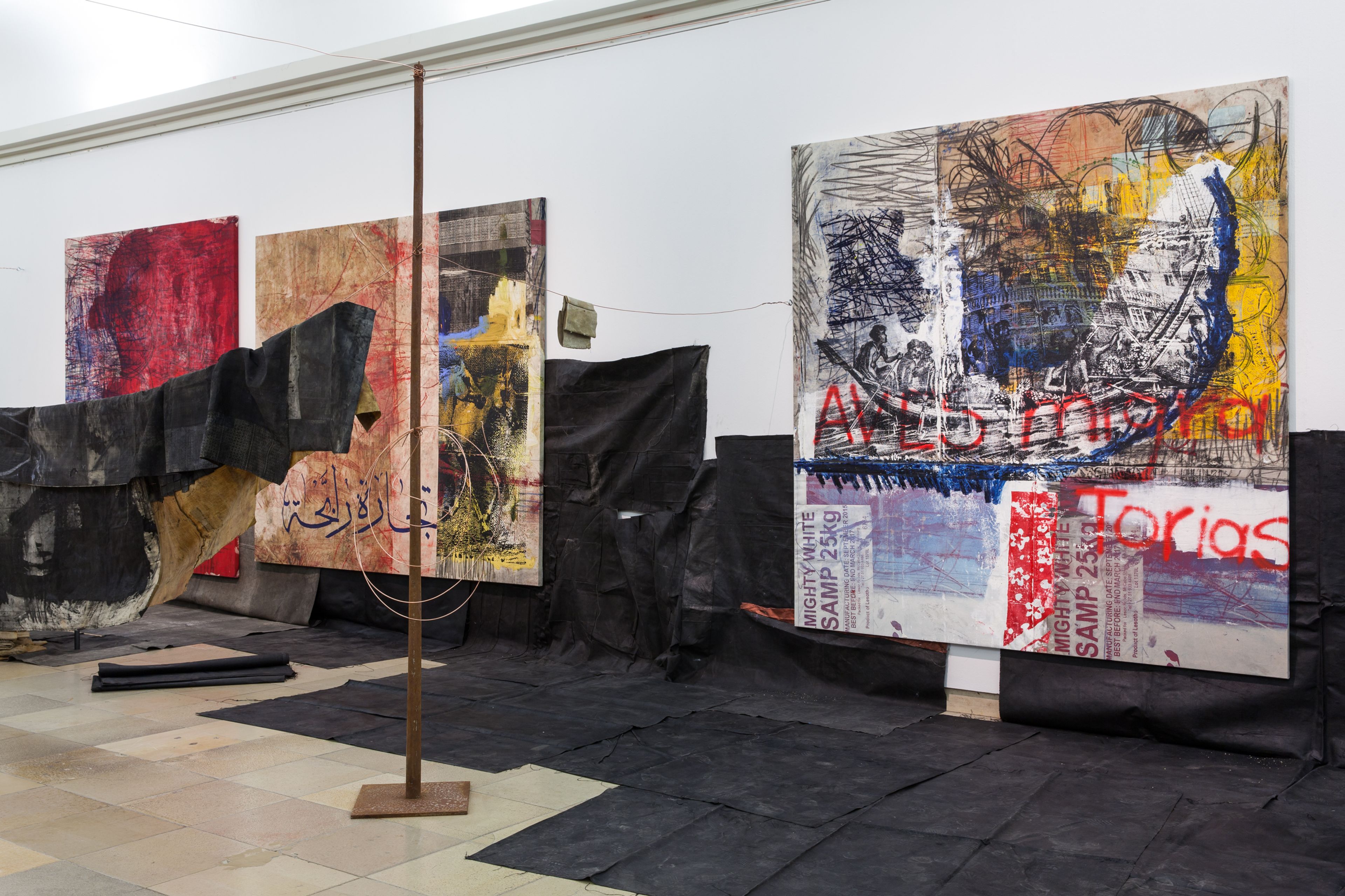 An installation view of the exhibition Oscar Murillo at Haus der Kunst in Munich, dated 2017.