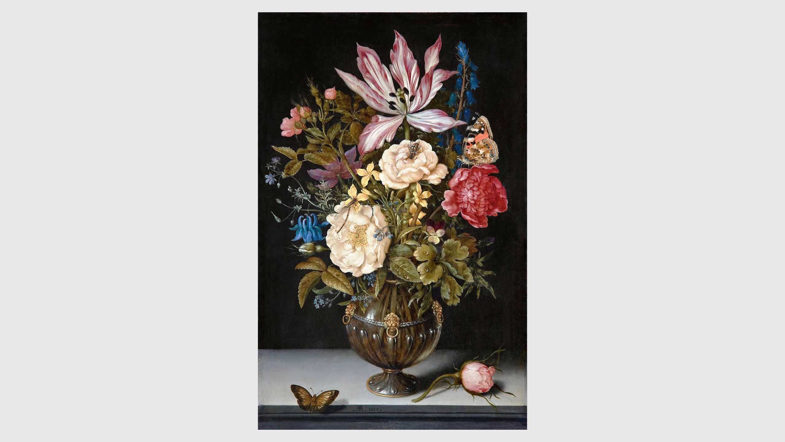 A painting by Ambrosius Bosschaert the Elder, titled Still-Life with flowers, dated 1617