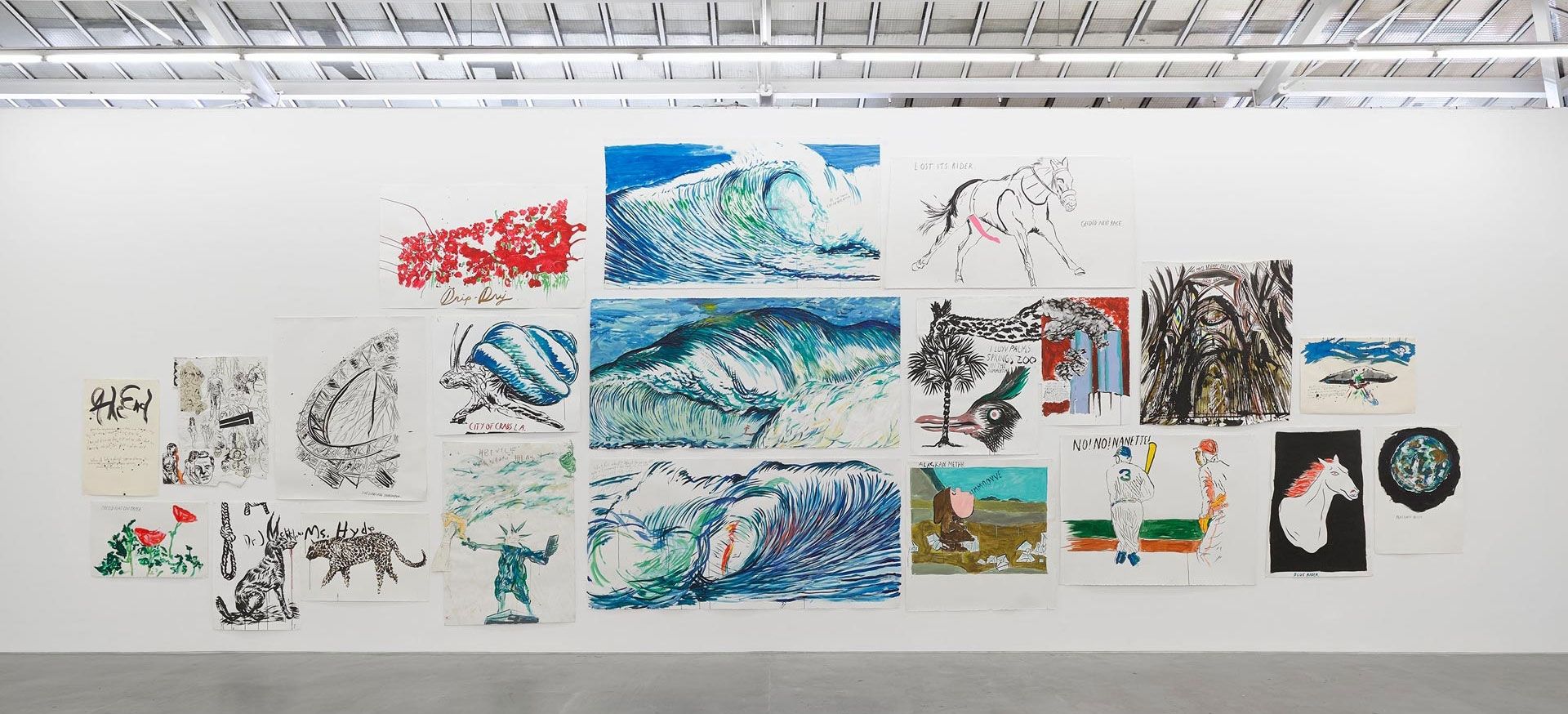 An installation view featuring works by Raymond Pettibon, dated 2019