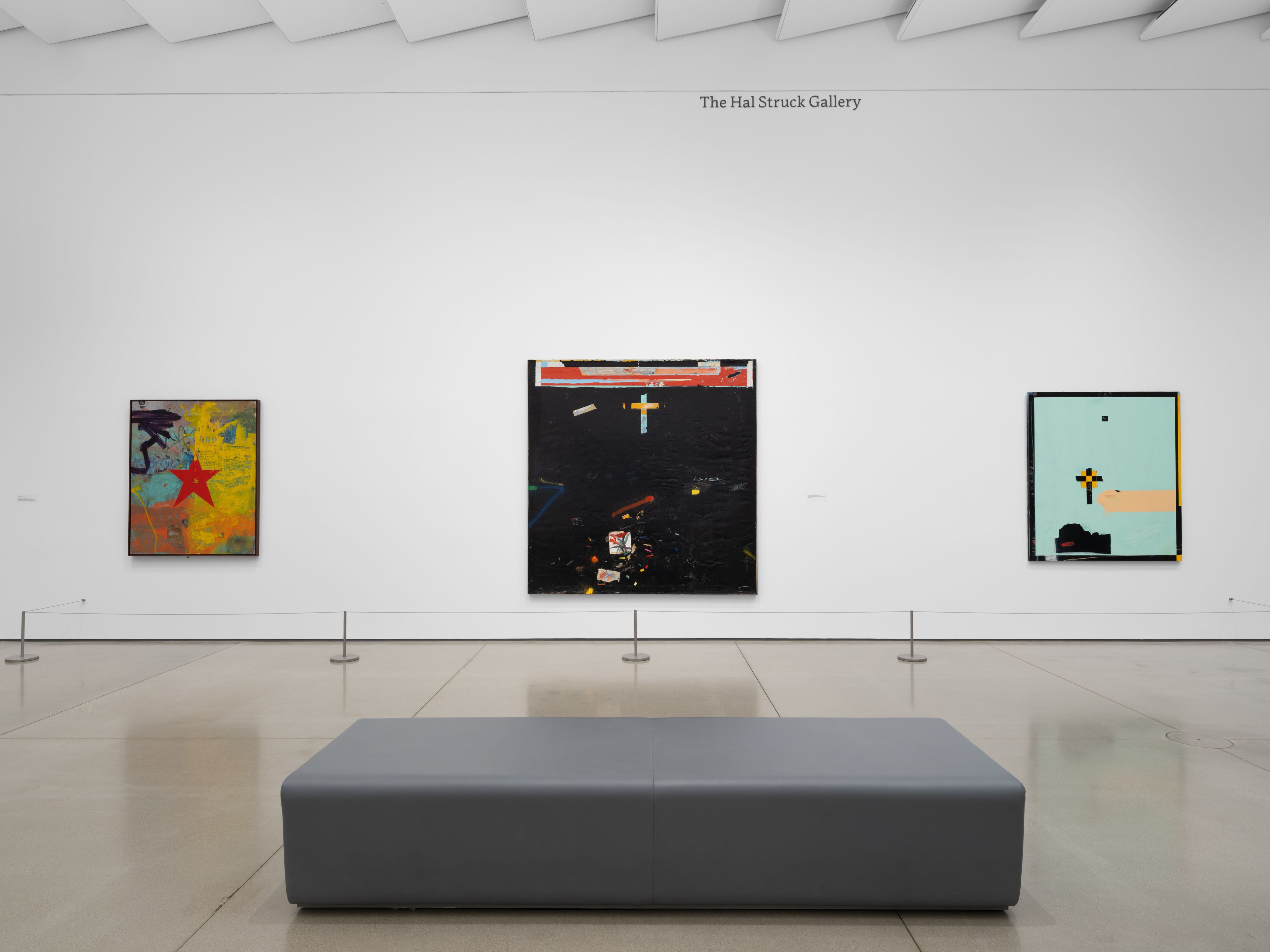 Installation view of the exhibition titled Raymond Saunders: Flowers from a Black Garden at UC Irvine Langson Orange County Museum of Art, located in Costa Mesa, California, dated 2026.
