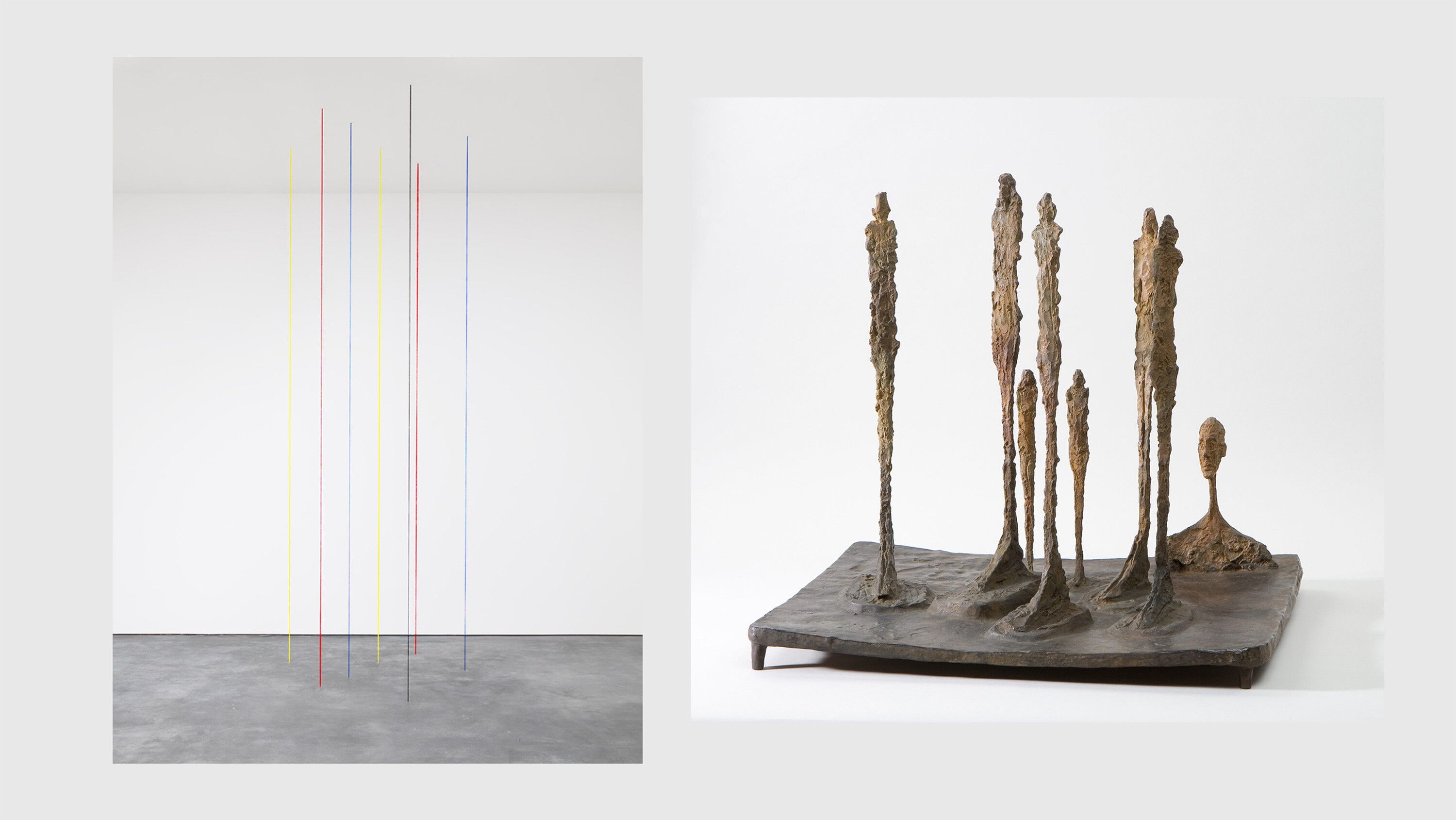 On the left an installation view of the work titled Untitled (Seven-part Vertical Construction) by Fred Sandback, dated 1987; on the right we have a sculpture titled La Clairière by Alberto Giacometti, dated 1950