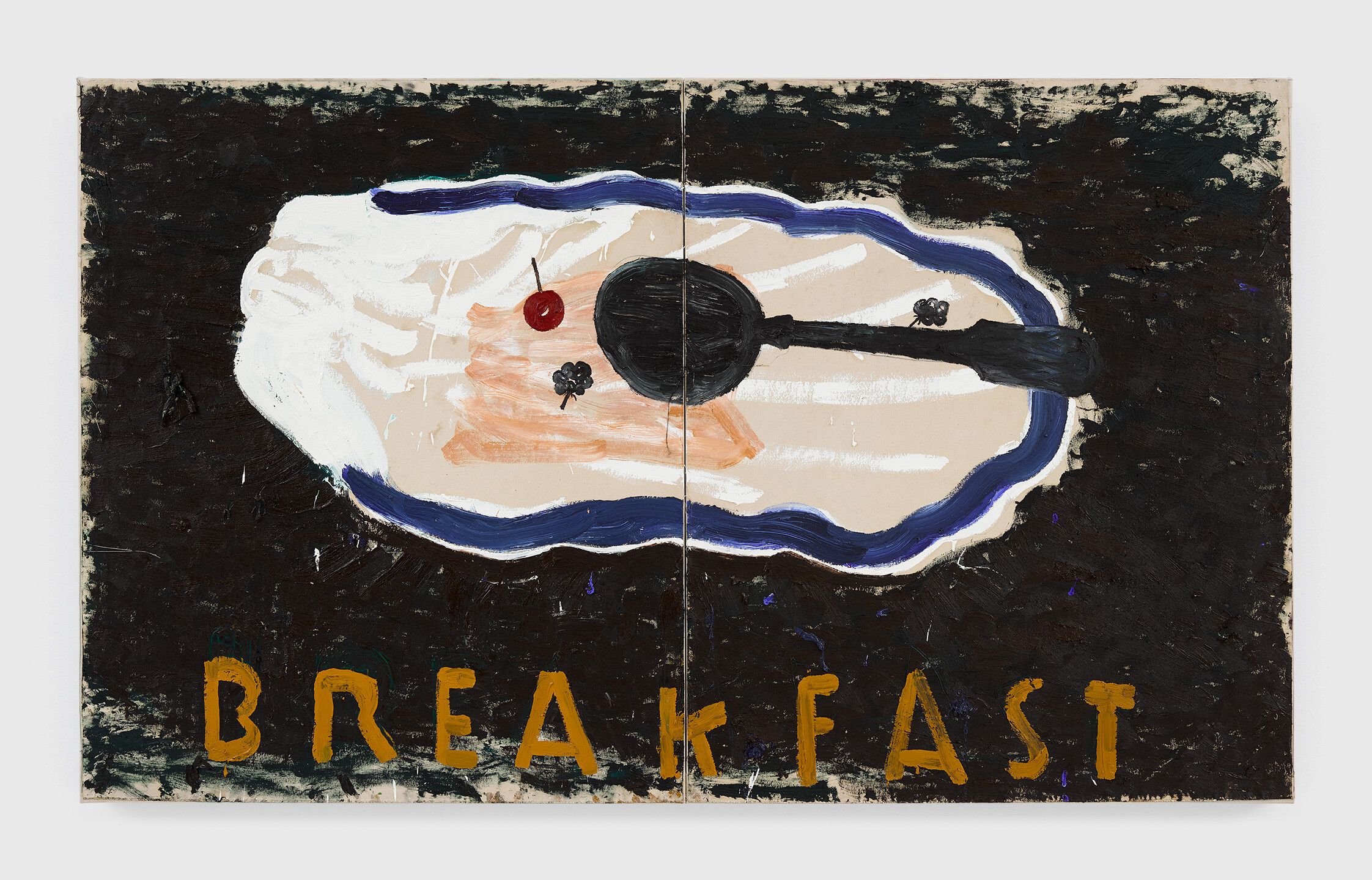An oil painting on canvas in two parts by Rose Wylie, titled Breakfast, dated 2020.