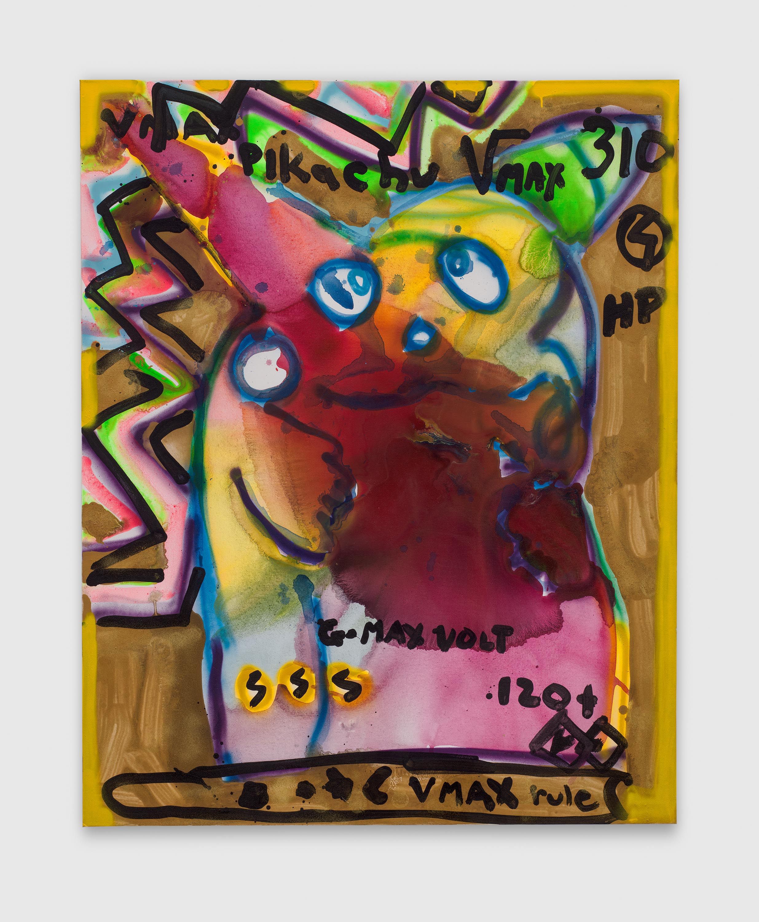 A painting by Katherine Bernhardt, titled Rainbow Pikachu VMAX GMAX Volt, dated 2021.