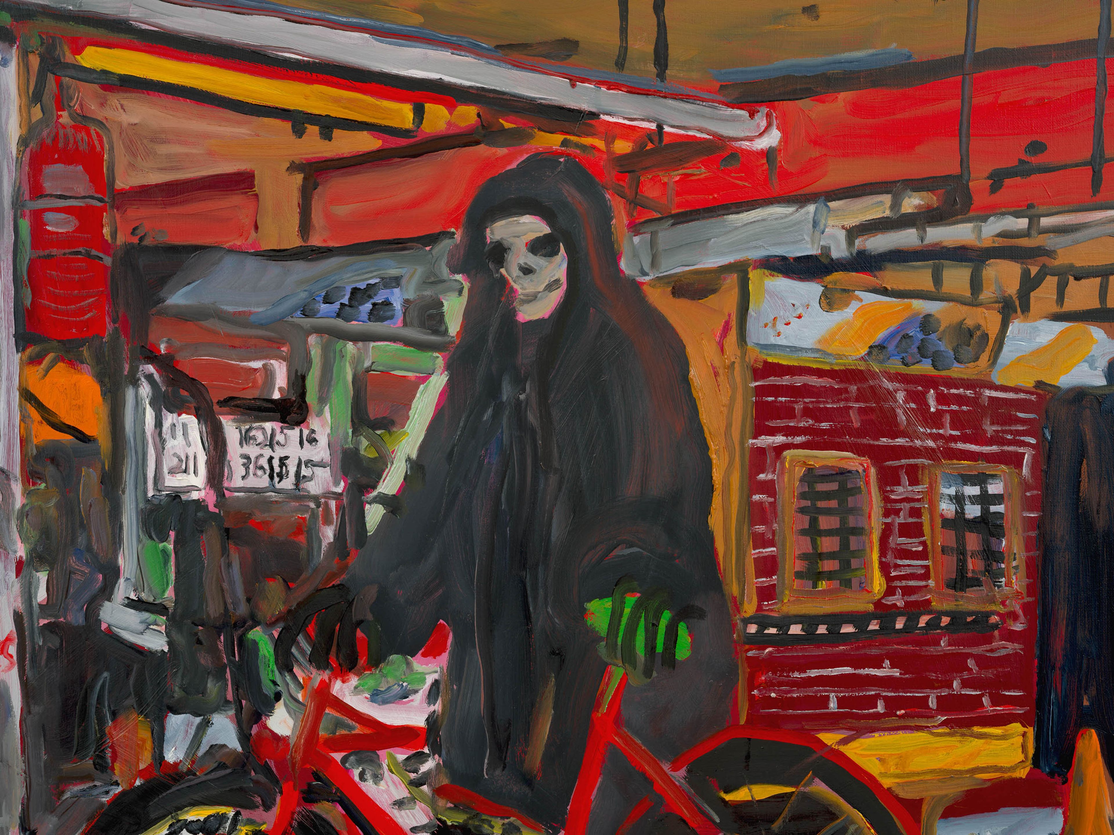 A detail from a painting by Josh Smith, titled Incident at the Gas Station, dated 2025.