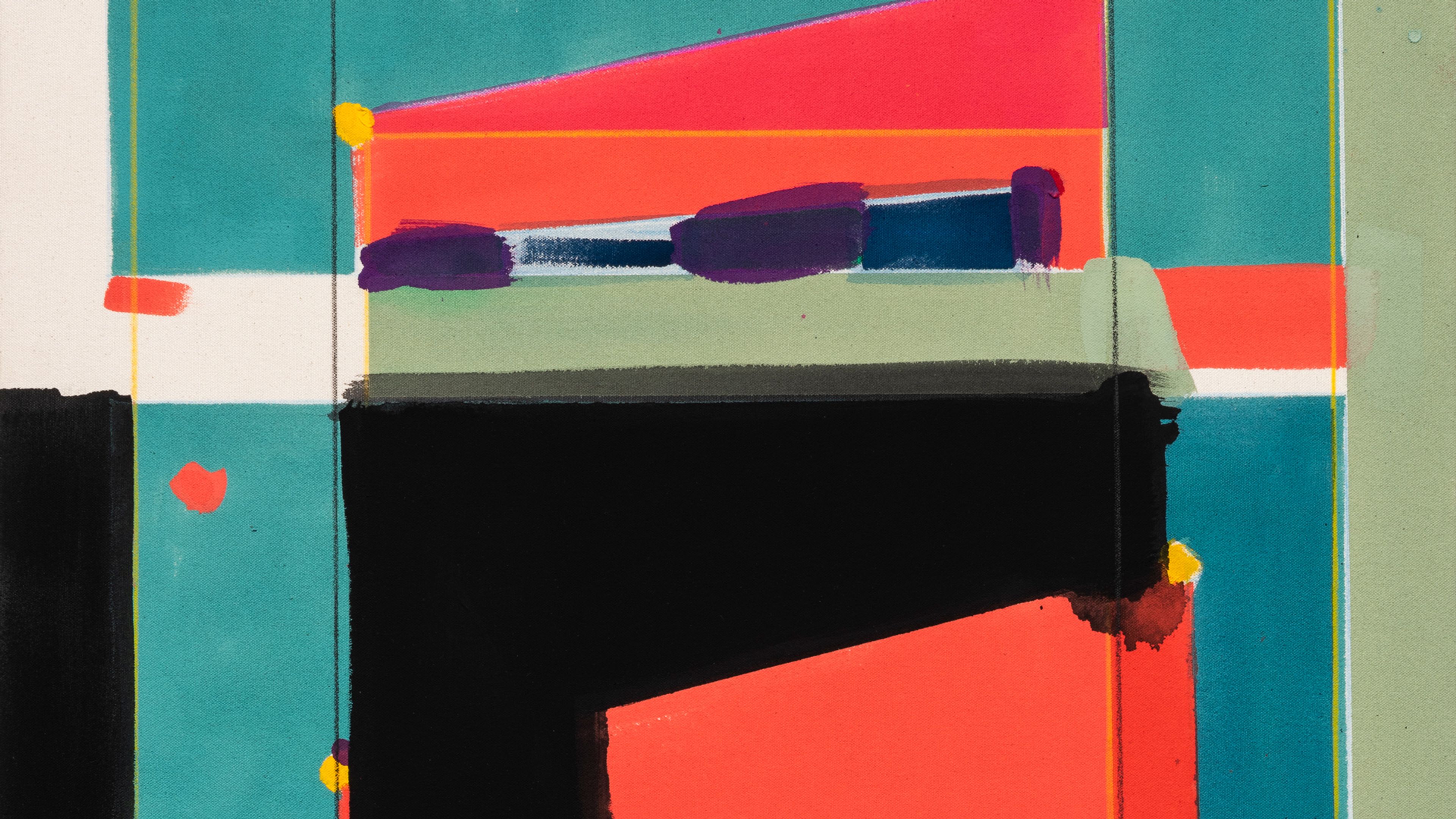 A detail of an acrylic and graphite work on canvas by Matt Connors, titled, It/s Stops /Stopped, dated 2020.