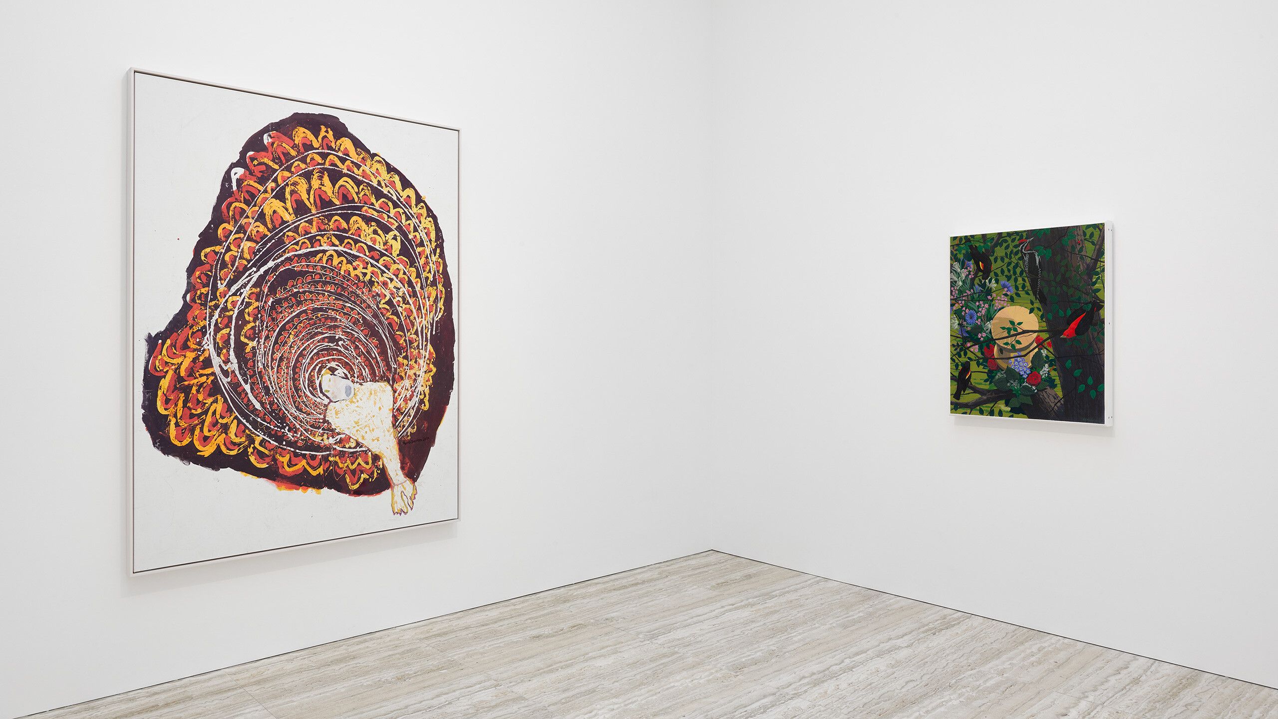 Installation view, Program, David Zwirner, London, 2021, featuring works, from left, by Portia Zvavahera and Kerry James Marshall