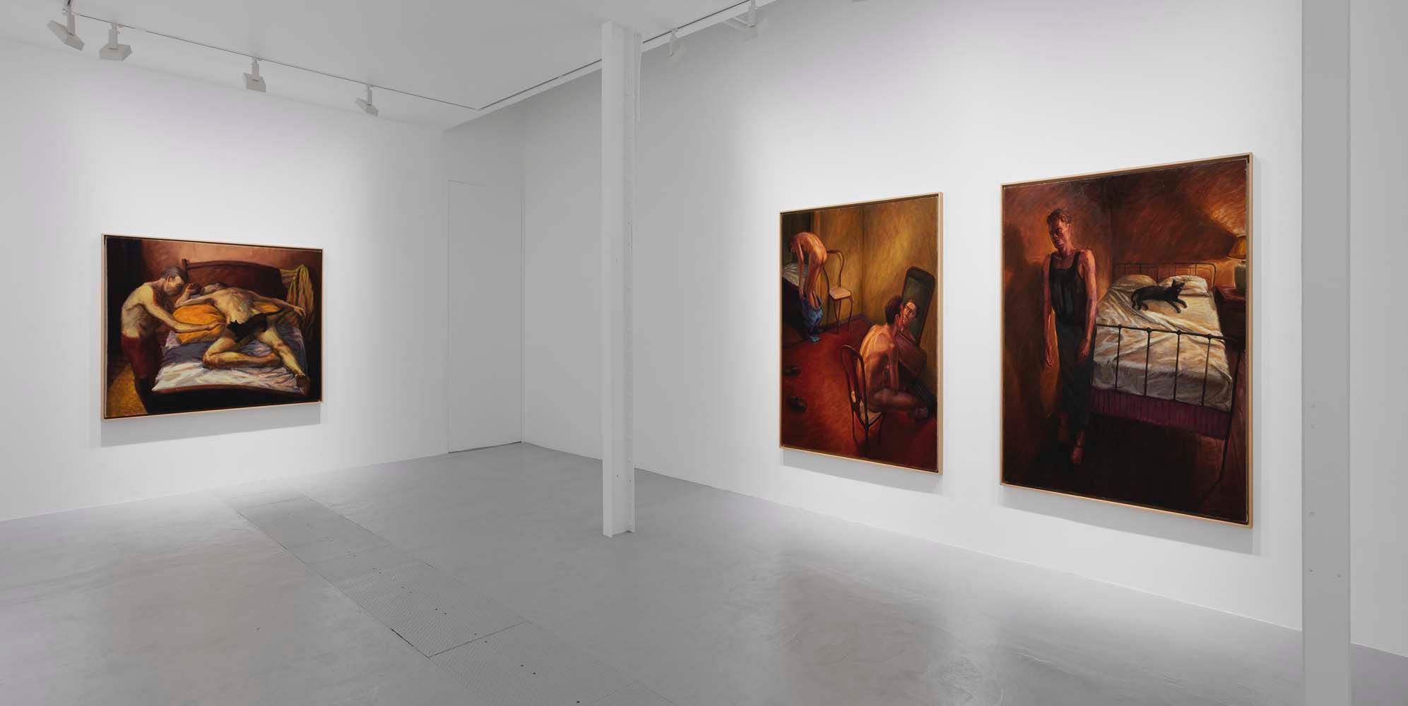 An installation view of an exhibition titled, High Steers: Blue Towel, Red Tank, at David Zwirner, Paris, in 2021.