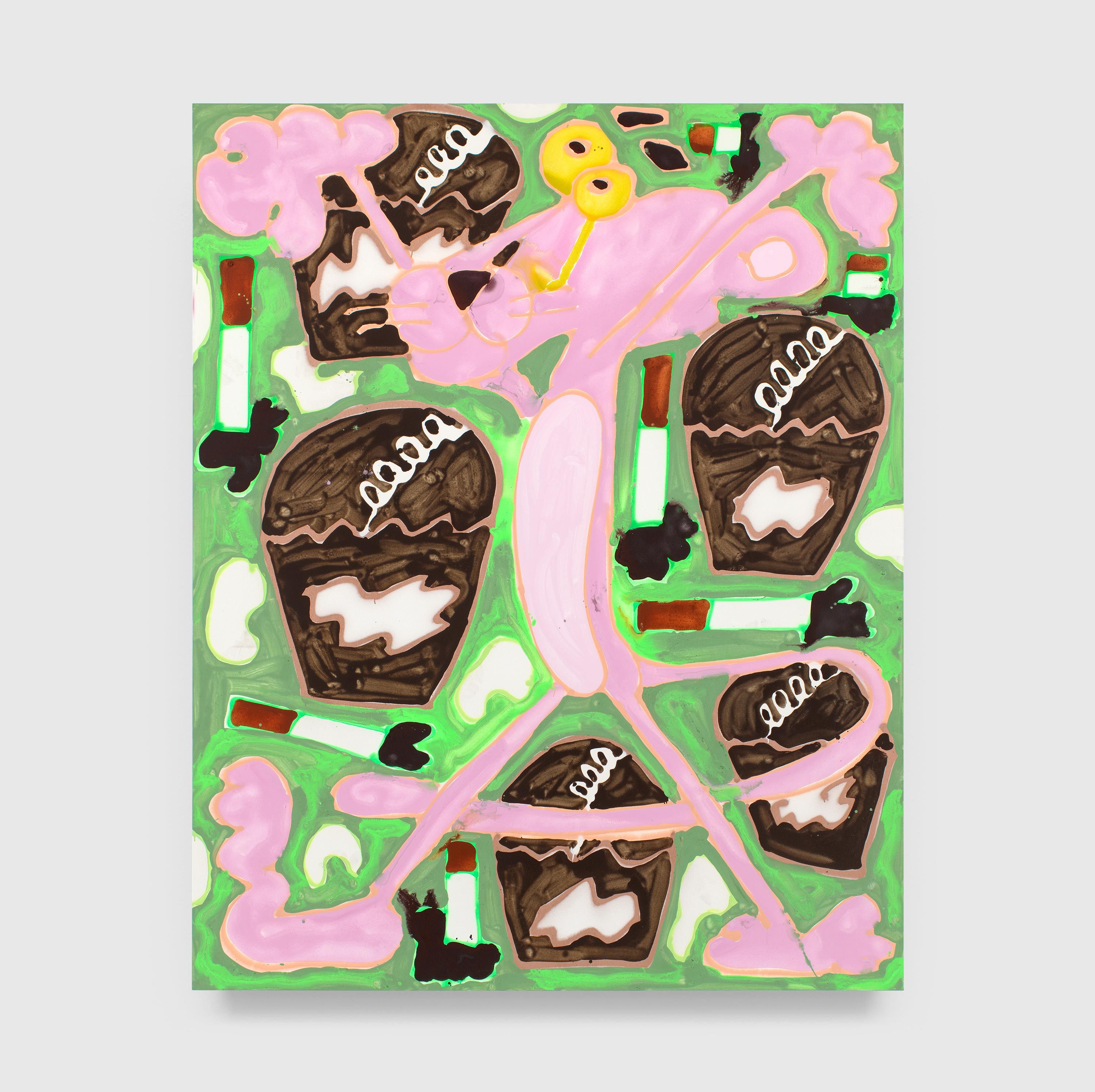 A painting by Katherine Bernhardt, titled Pistaceio, dated 2023.