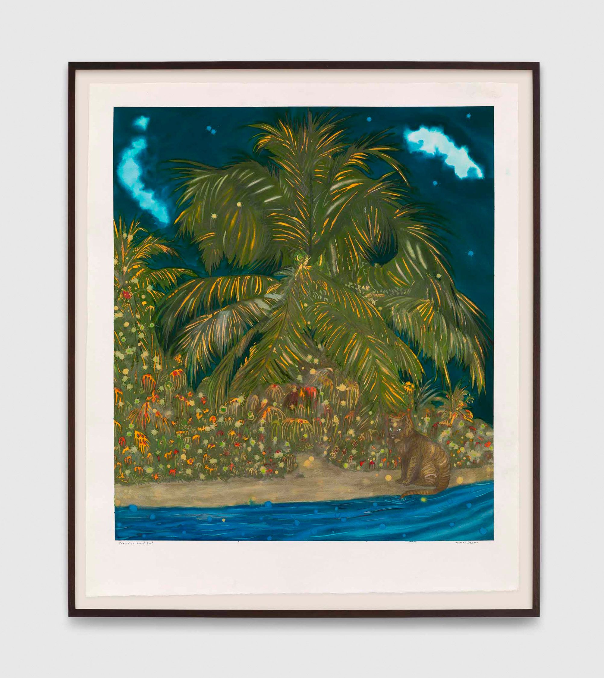A work on paper by Marcel Dzama, titled Paradise lost cat, dated 2022.