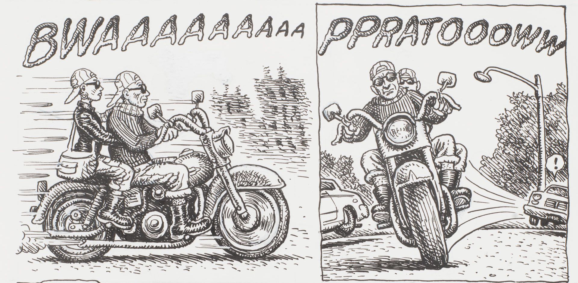 A detail of a drawing by R. Crumb, titled Mystic Funnies number 1: Omen in the Gloamin with Mr. Natural and the Gang, circa 1997.