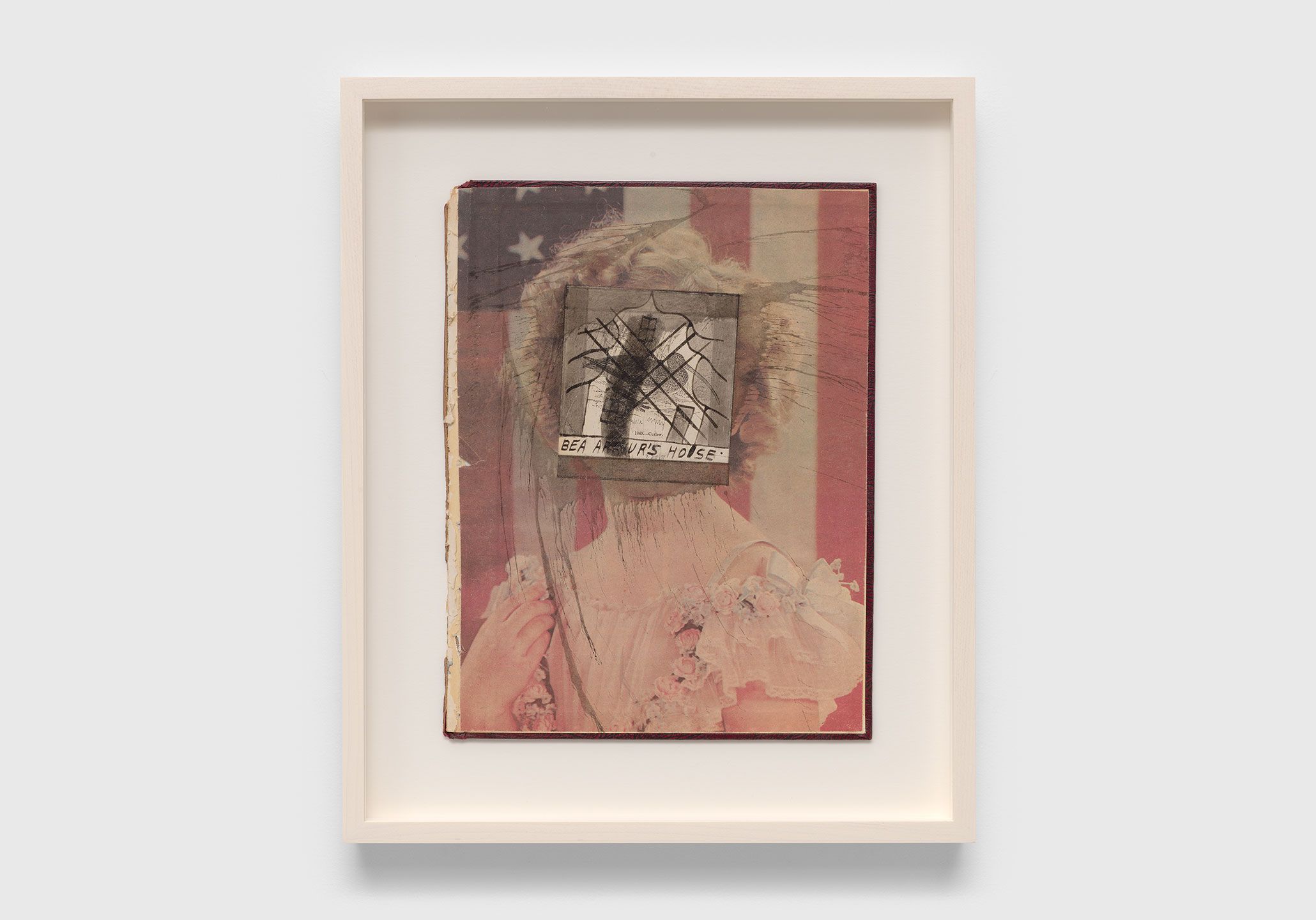 A collage on leather book cover by Ray Johnson, titled Untitled (Bea Arthur’s House), dated 1991.