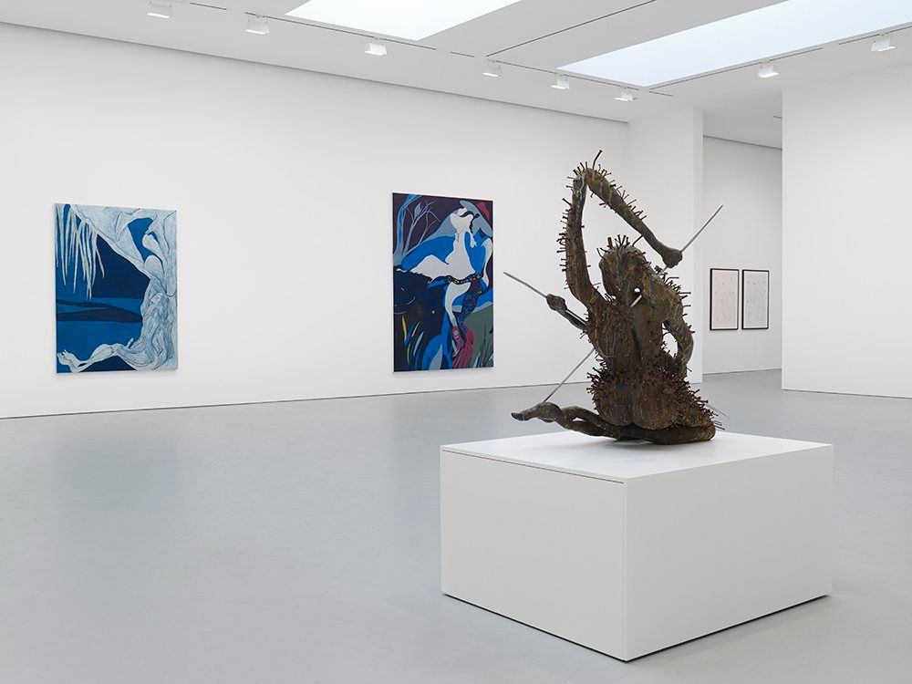Installation view of the exhibition Chris Ofili: Devil's Pie, at David Zwirner in New York, dated 2007.