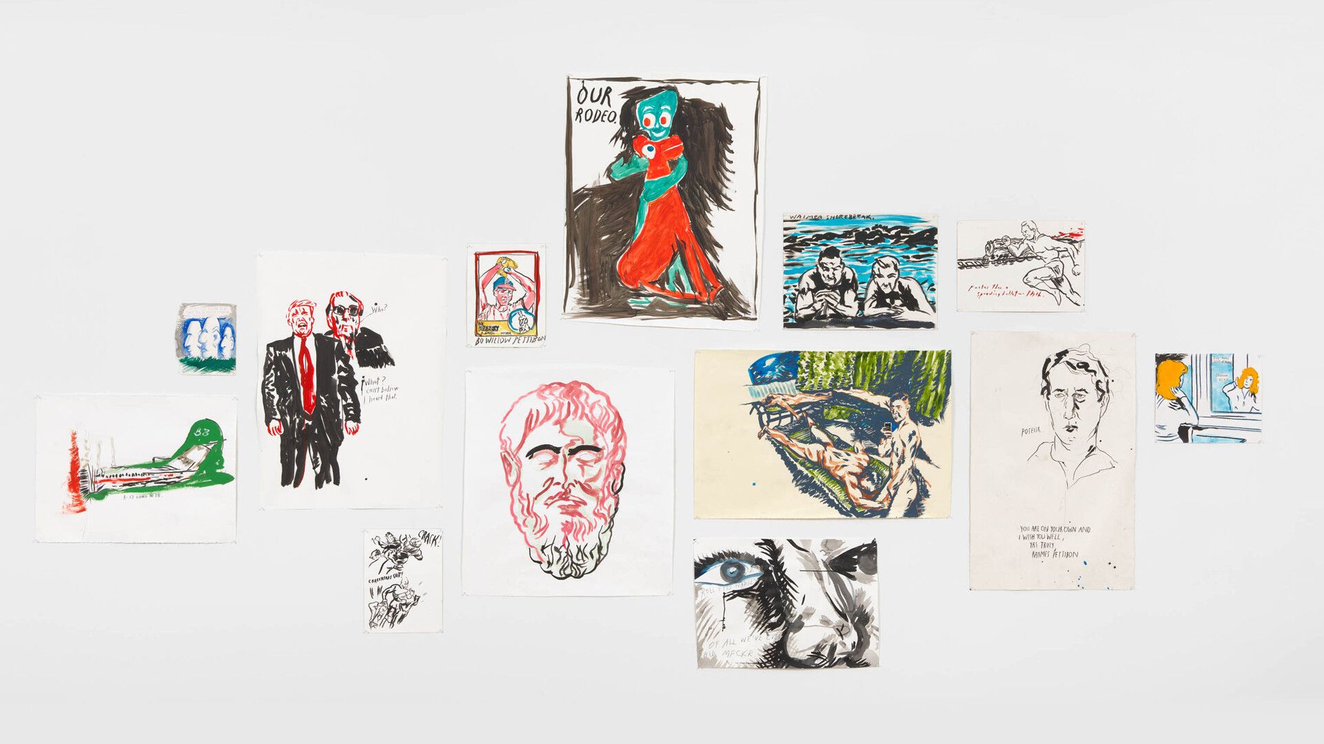 An installation view of thirteen mixed media drawings on paper by Raymond Pettibon.