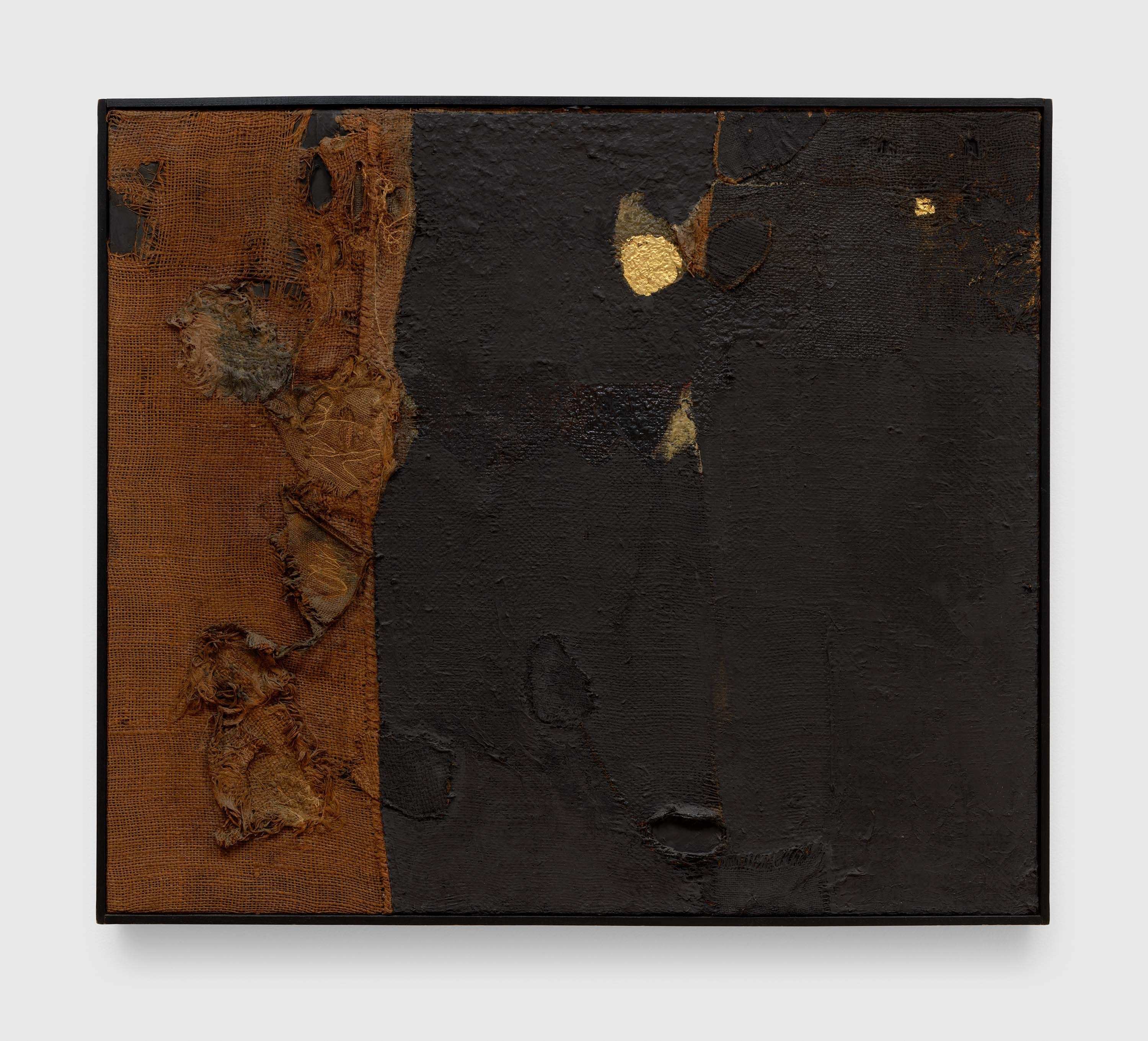 A painting by Alberto Burri, titled Sacco e oro, dated 1953.