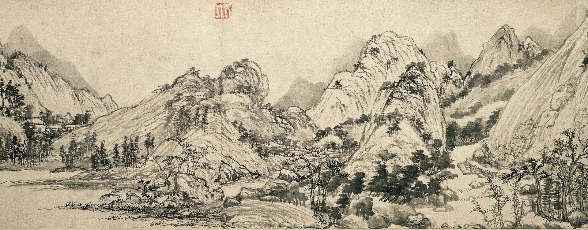 A portion of an artwork by Huang Gongwang (1269–1354), titled Dwelling in the Fuchun Mountains, dated 1347-1350. 