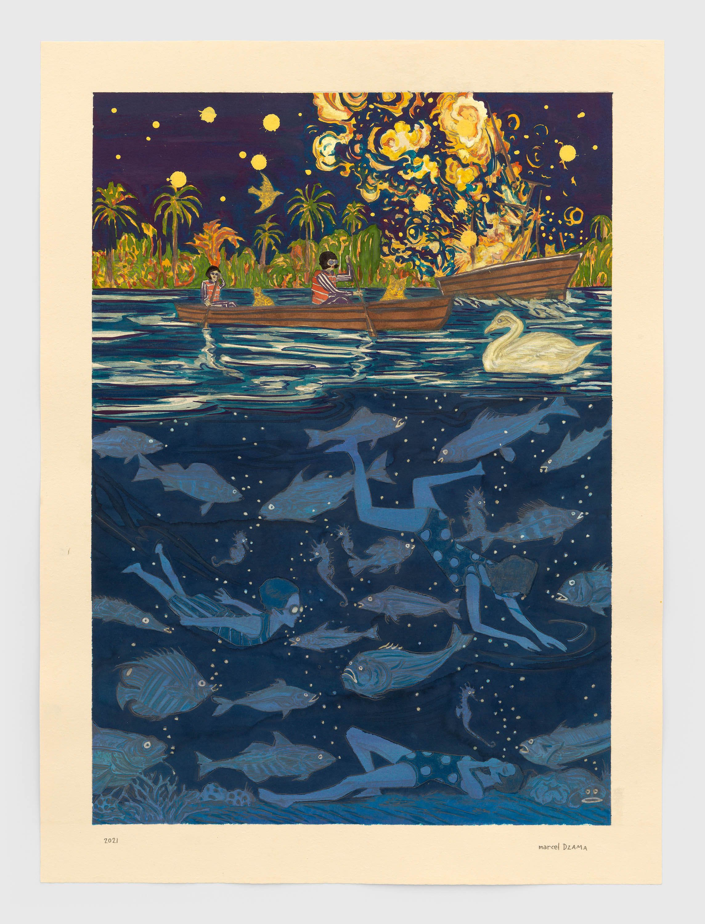A mixed media artwork by Marcel Dzama, titled Starlit water, dated 2021.