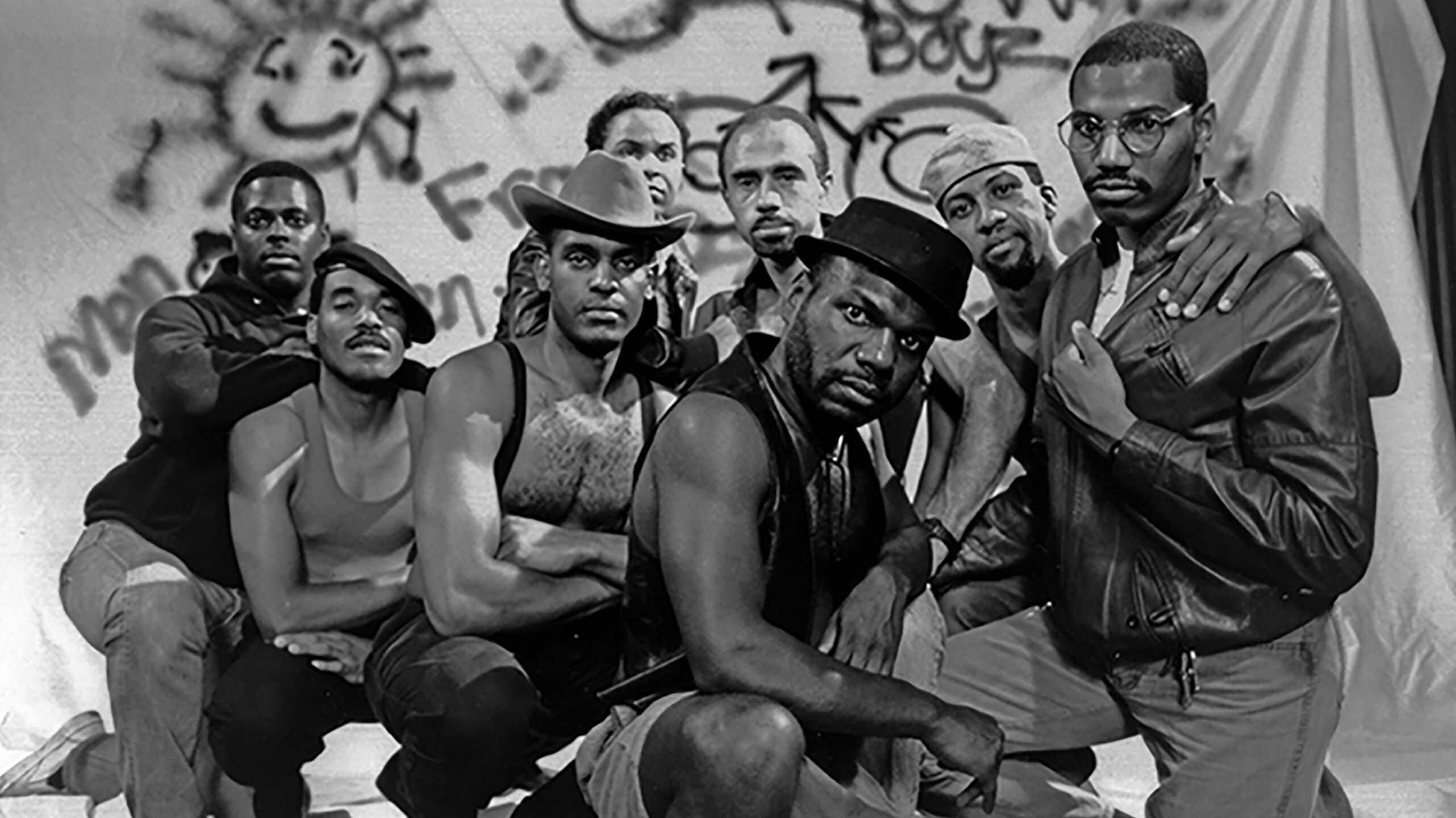 A photo of Marlon Riggs and other actors in his film Tongues Untied, made in 1989.