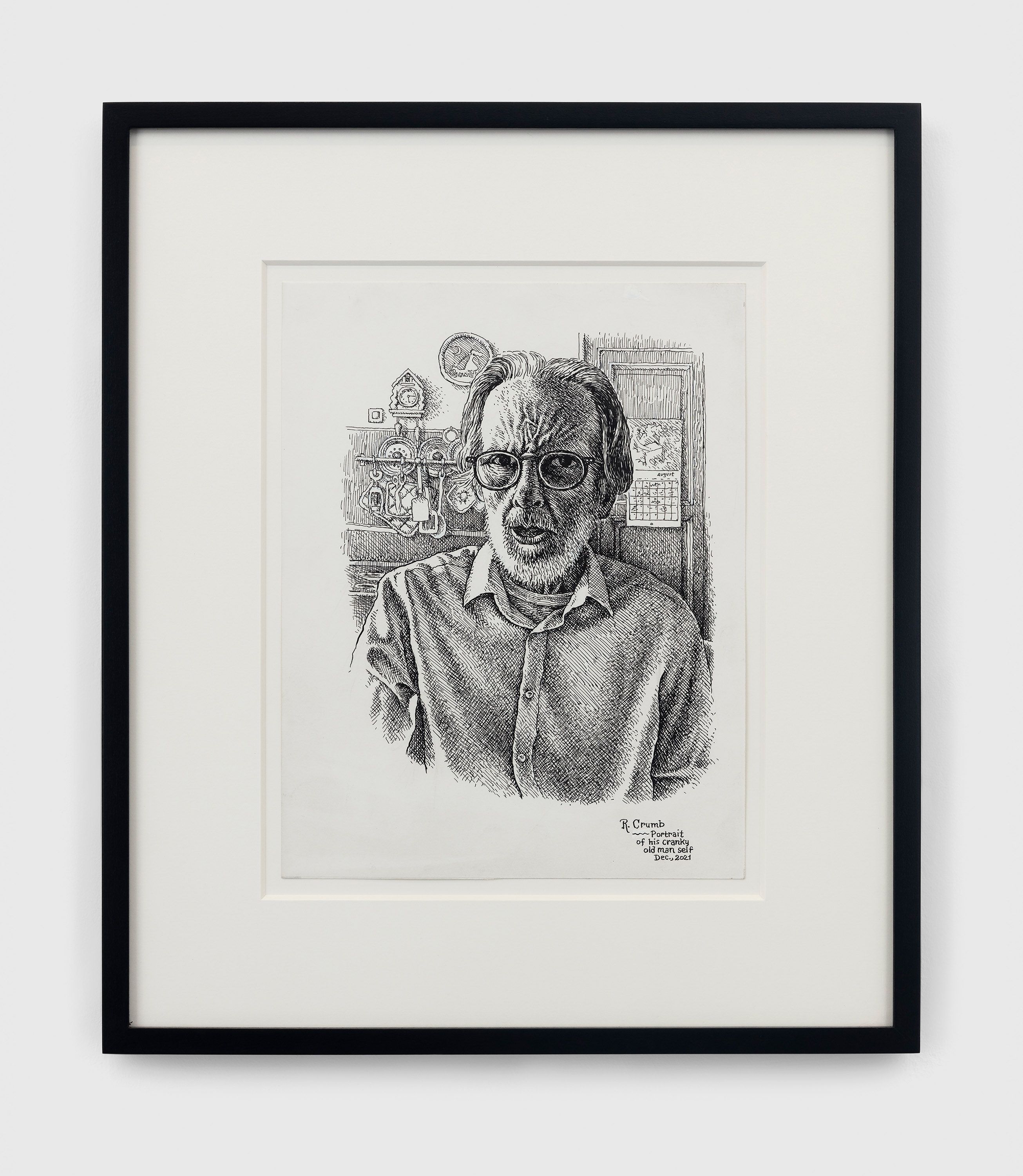 An ink and correction fluid on paper artwork by R. Crumb, titled Portrait of His Cranky Old Man Self, dated 2021.