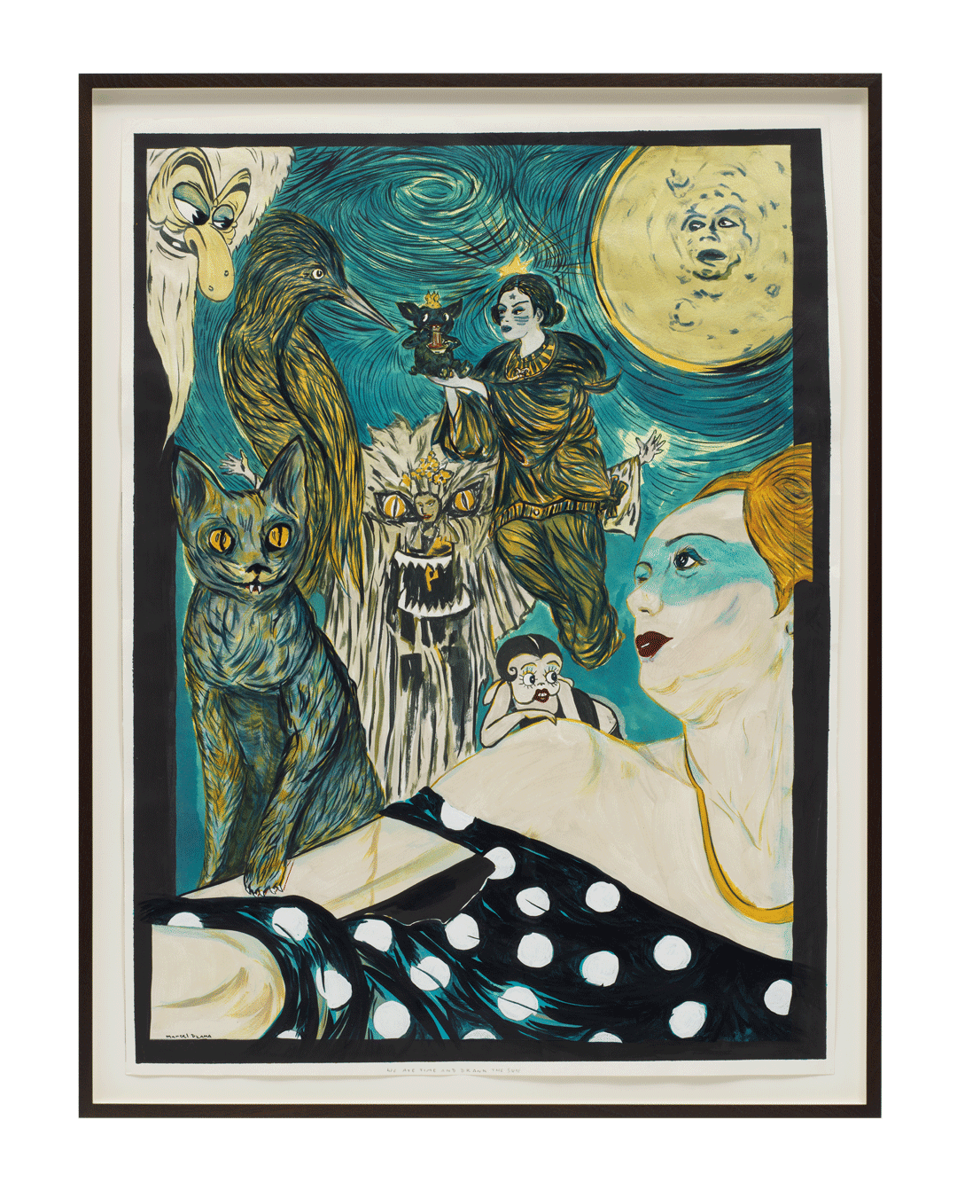 A work on paper by Marcel Dzama, titled We ate time and drank the sun, dated 2018.
