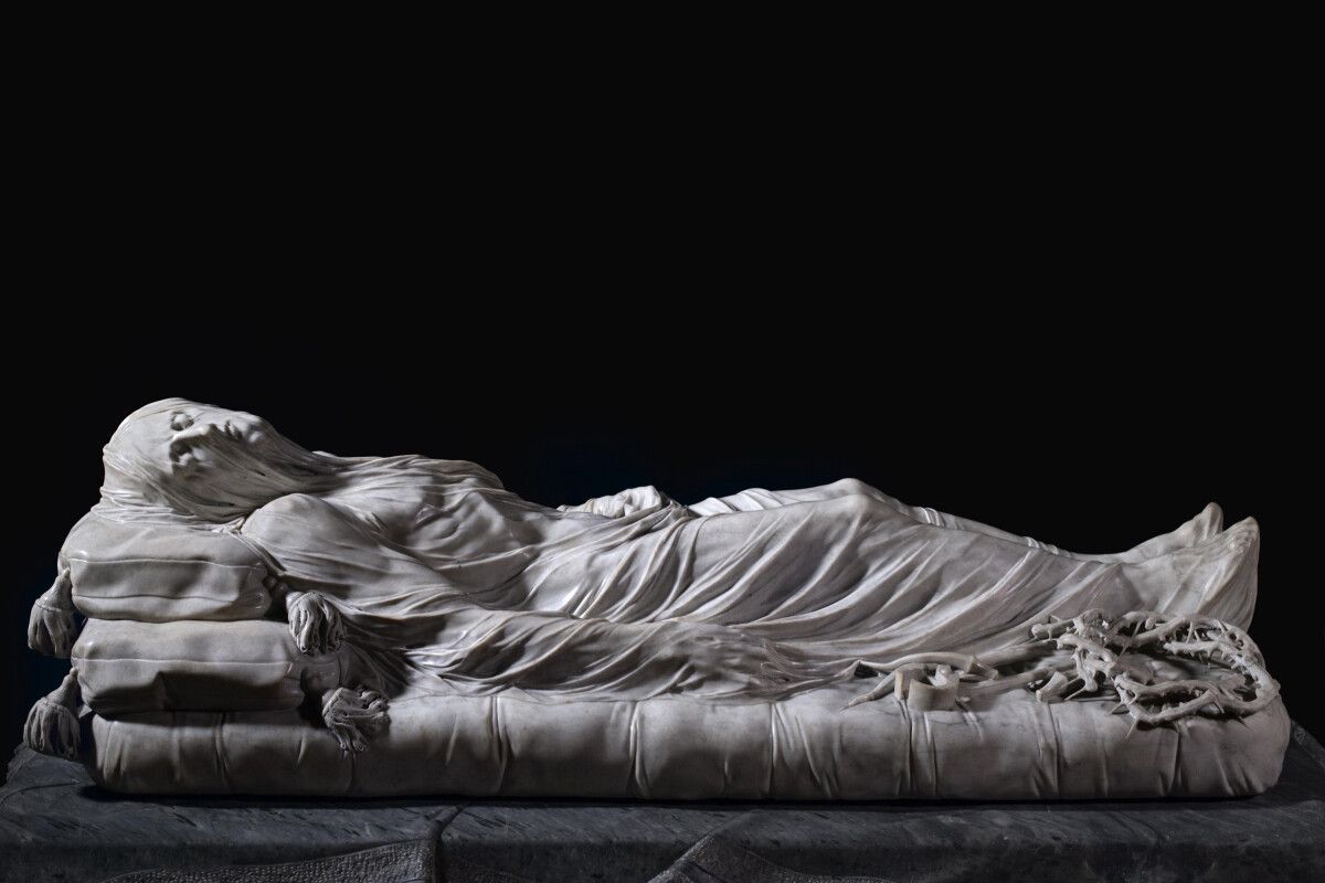A photo of a sculpture called The Veiled Christ, Giuseppe Sanmartino, dated 1753.