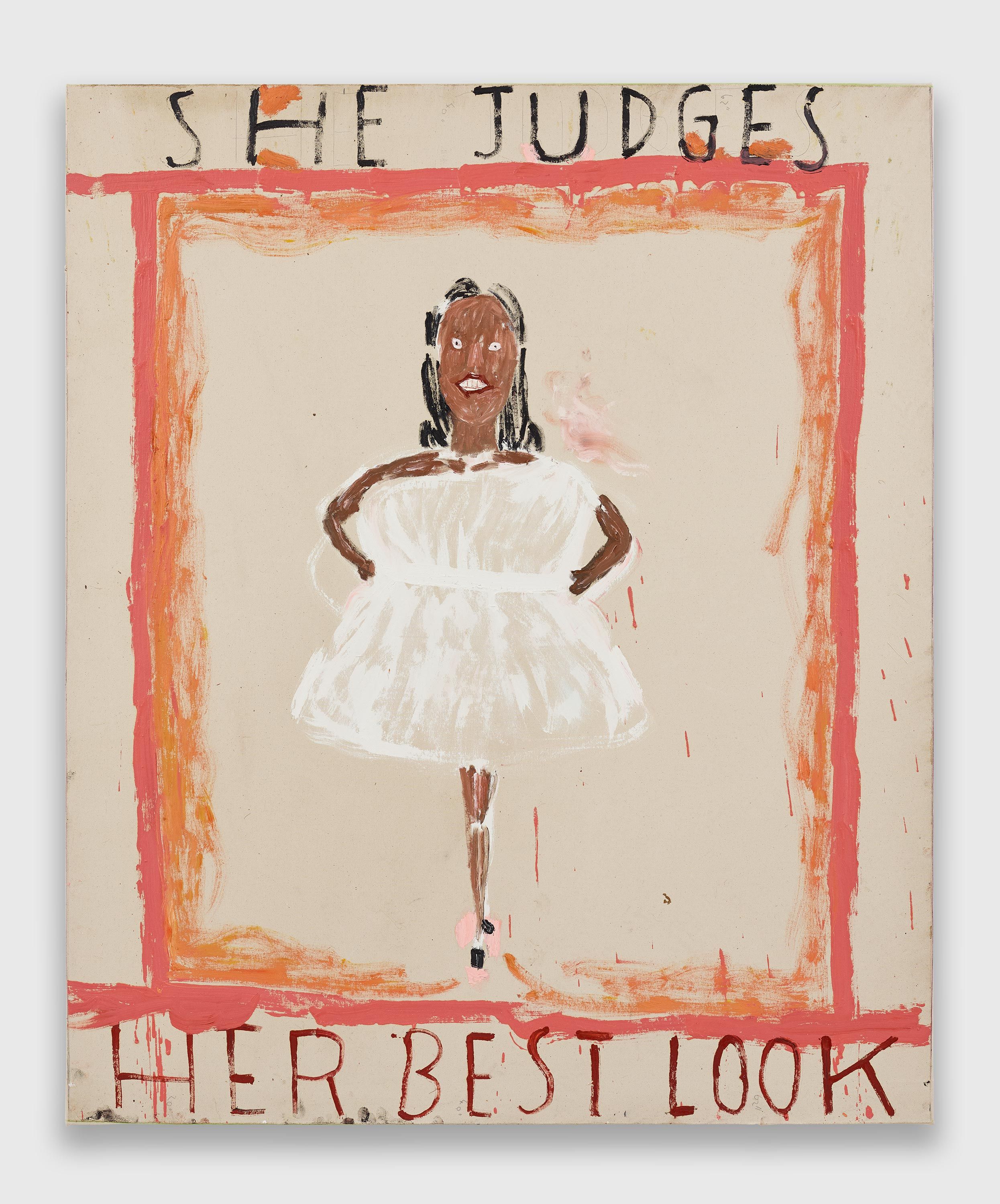 A painting by Rose Wylie, titled She Judges Her Best Look, dated 2021.