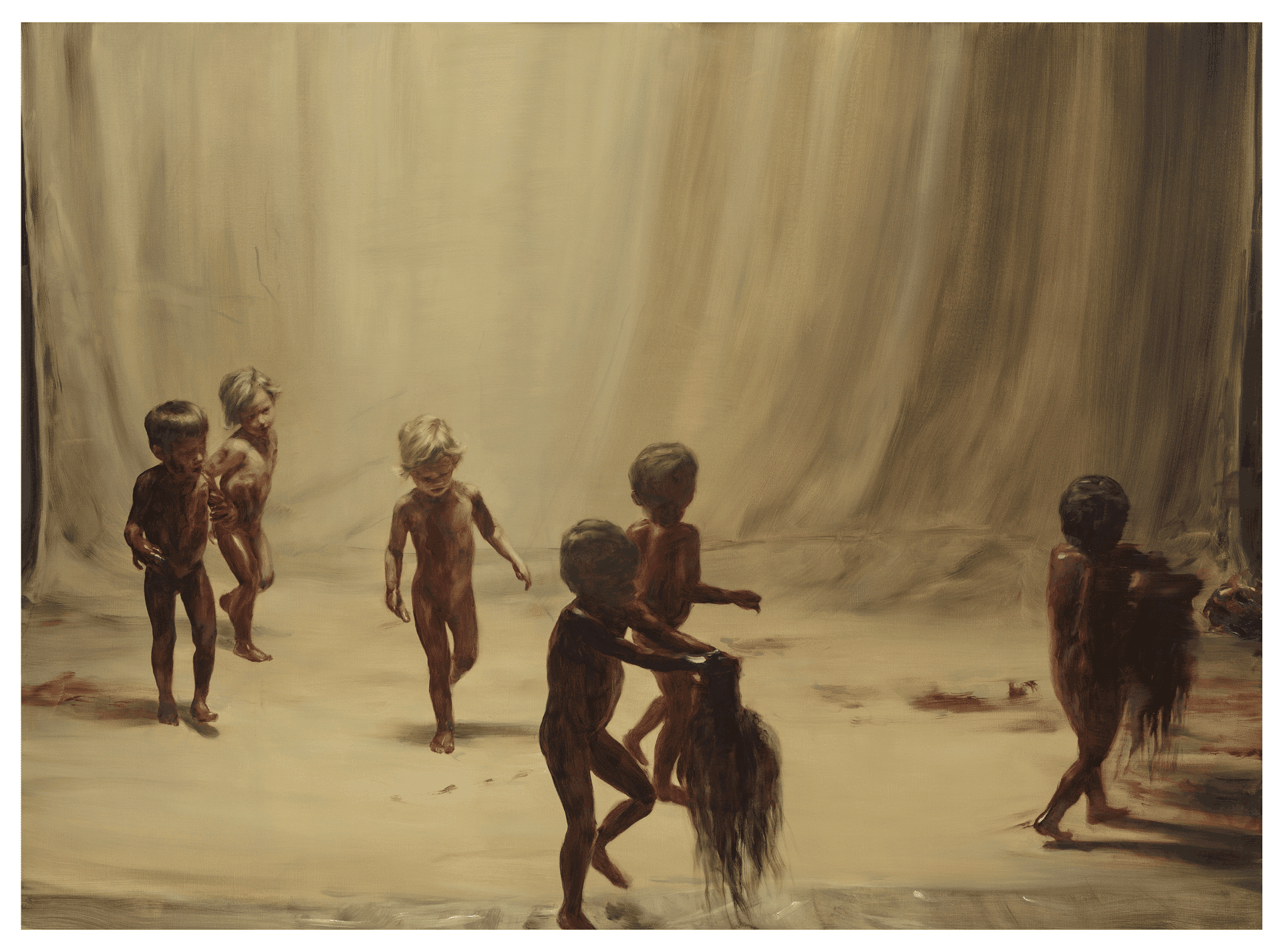 A painting by Michaël Borremans, titled Fire From the Sun (Six Figures, Three Heads), dated 2017.