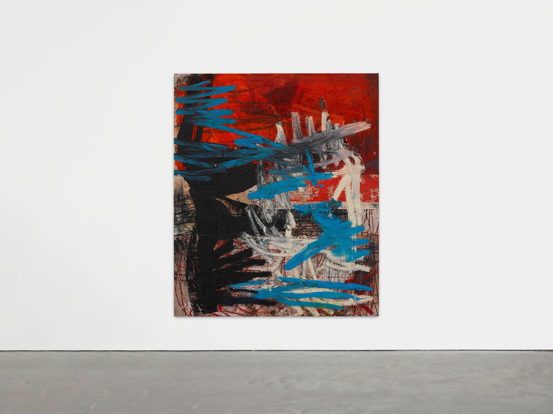 An installation view of a painting by Oscar Murillo titled manifestation, dated 2019-2020.