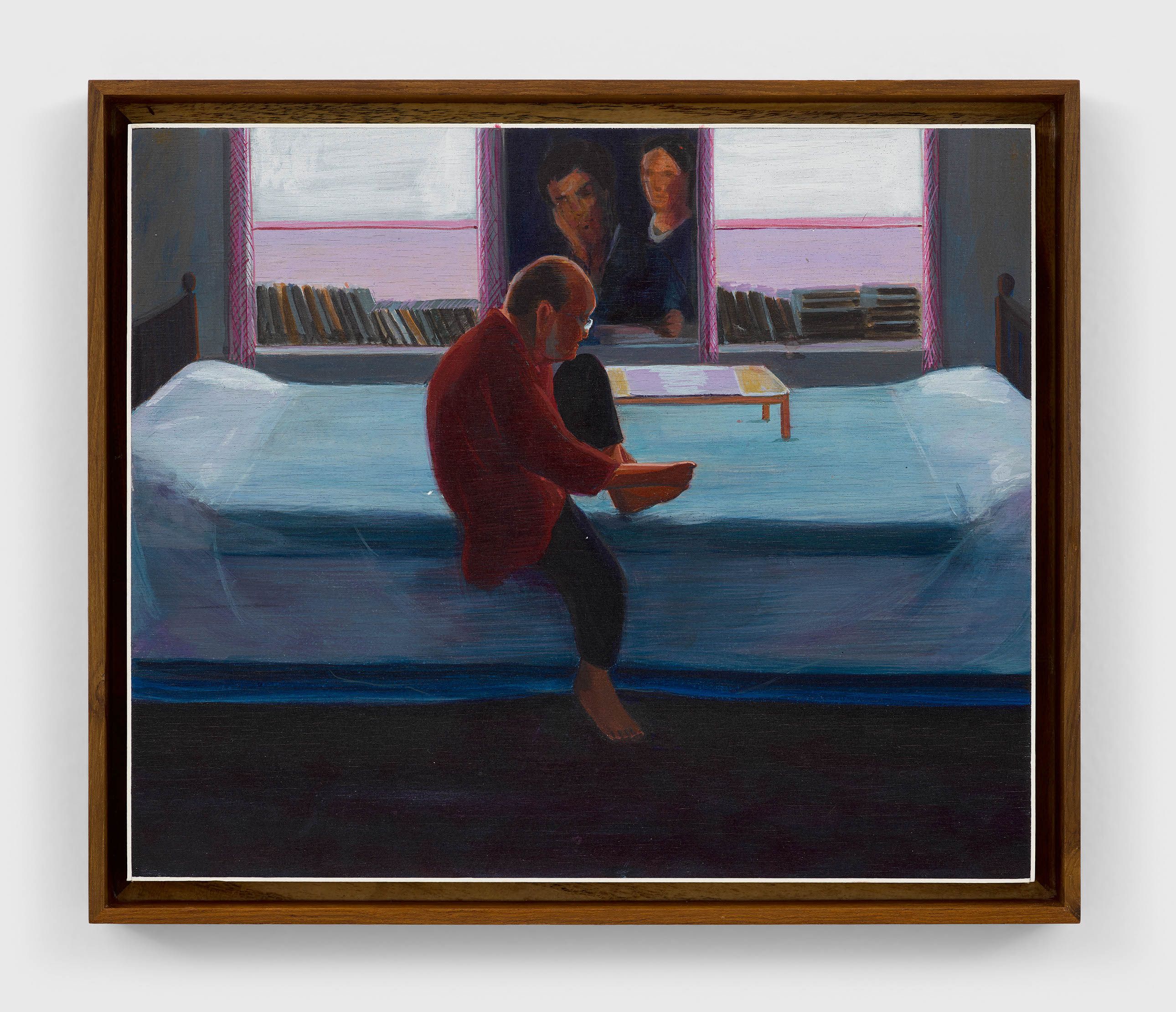 A casein on board artwork by Mahesh Baliga, titled Aveek cutting nails, dated 2022.