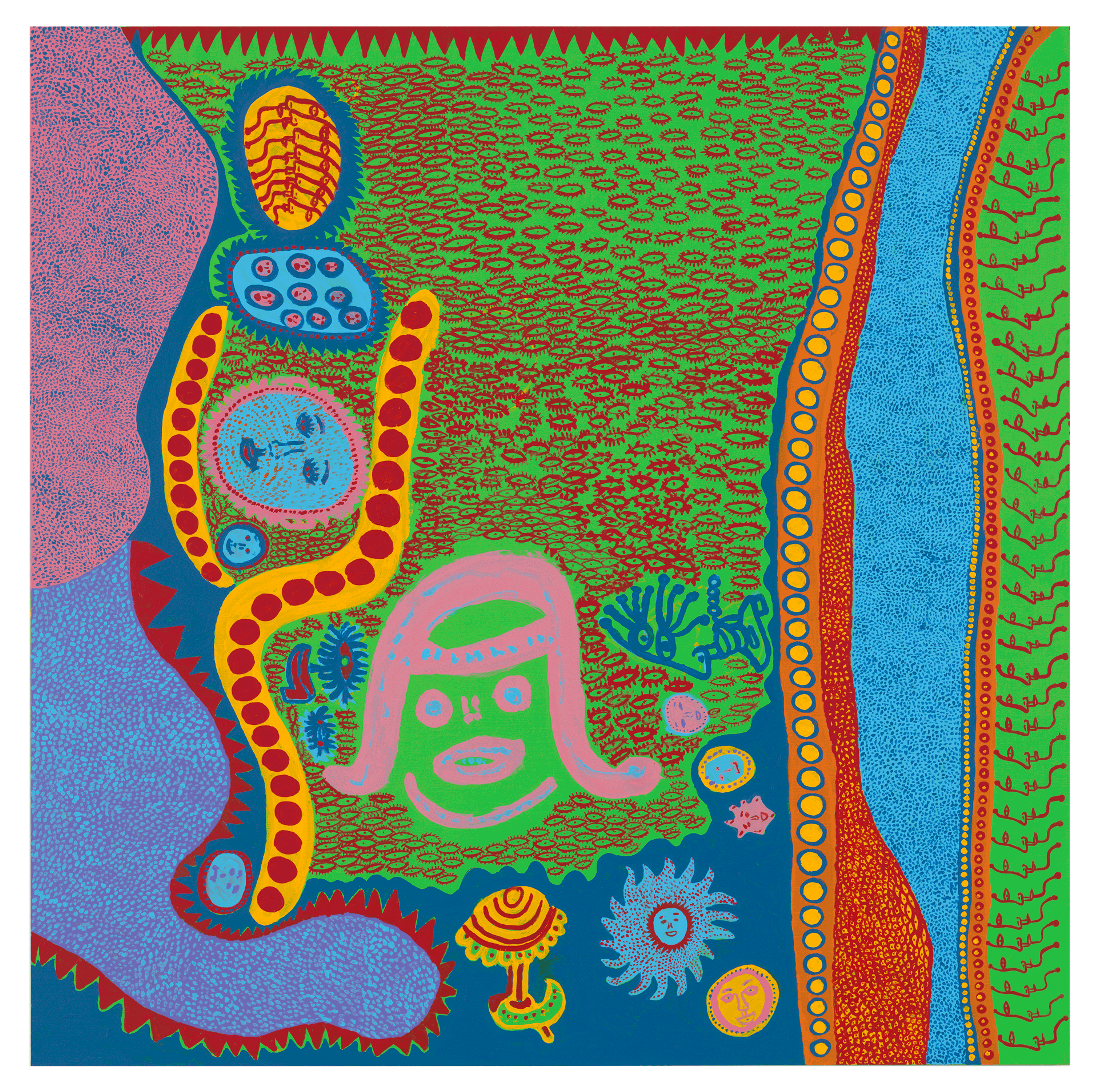 A painting by Yayoi Kusama, titled A Woman With Pink Hair, dated 2013.