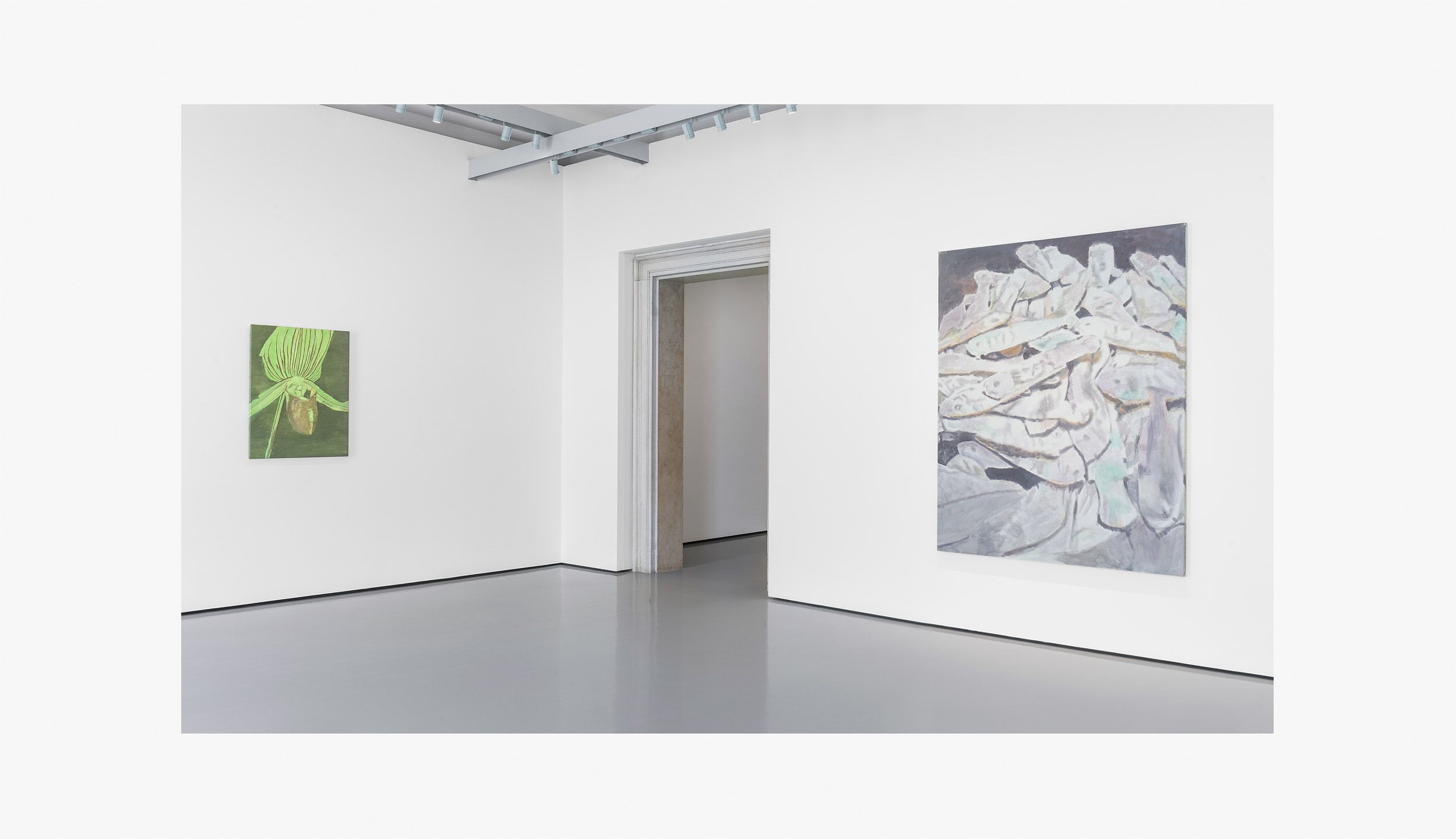 An installation view featuring works by Luc Tuymans, dated 2019