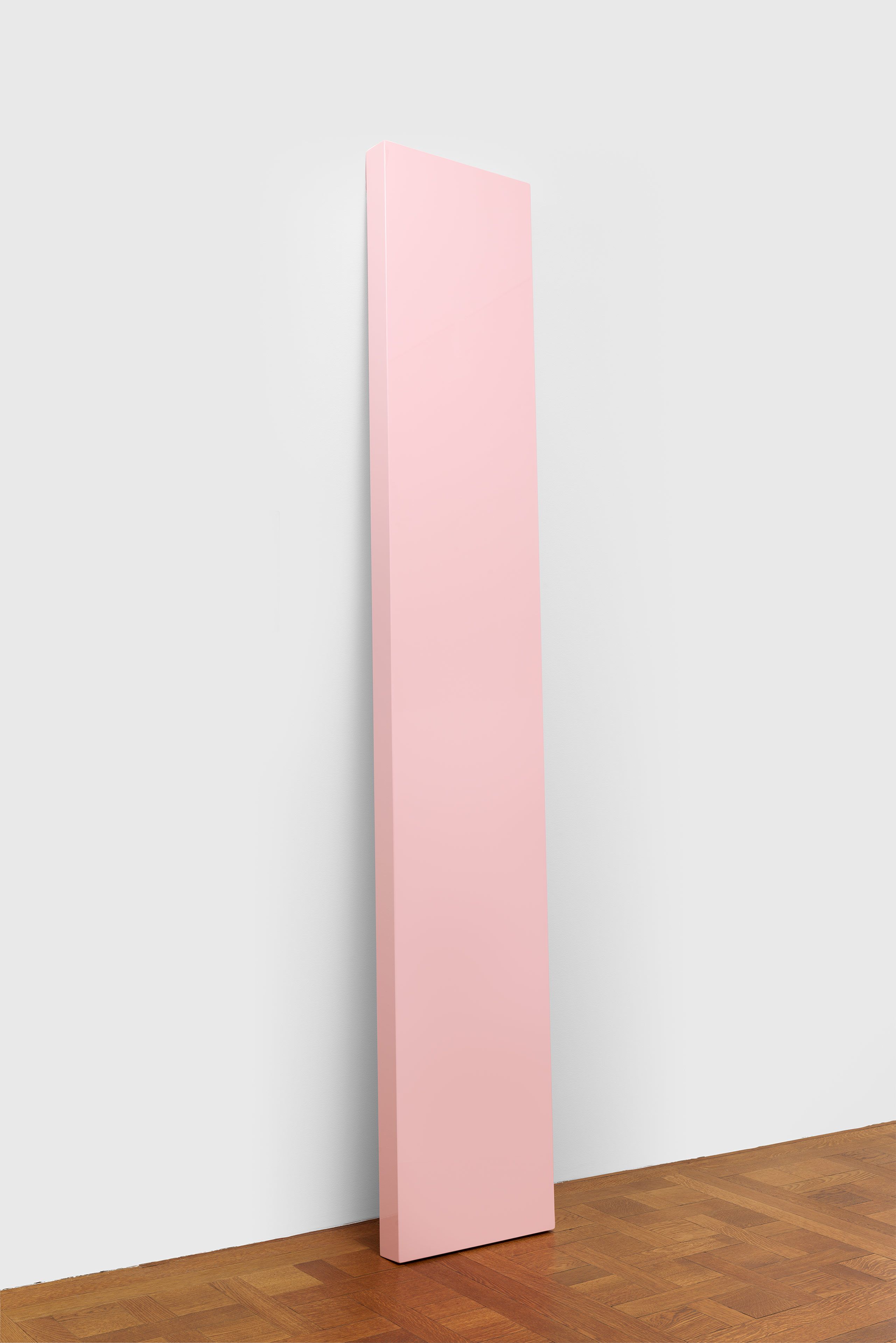 A polyester resin, fiberglass, and plywood sculpture by John McCracken, titled Think Pink, dated 1967.