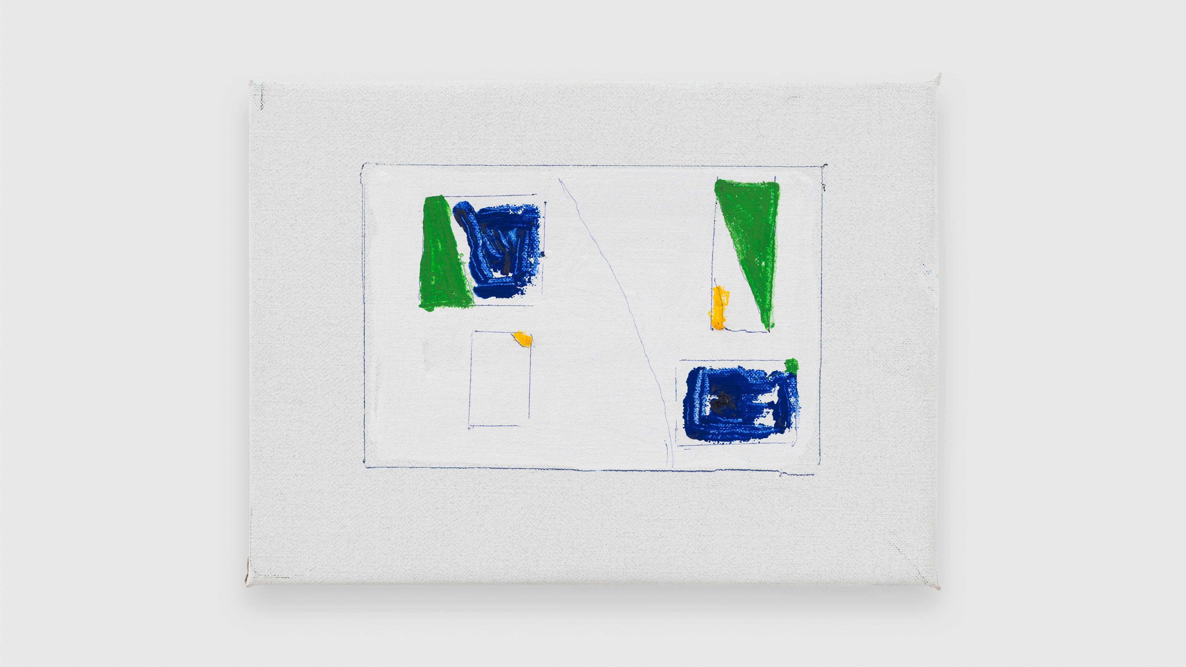 Gesso, ink, and oil painting on canvas mounted on wood panel by Raoul De Keyser, titled Bricolage, dated 2012.
