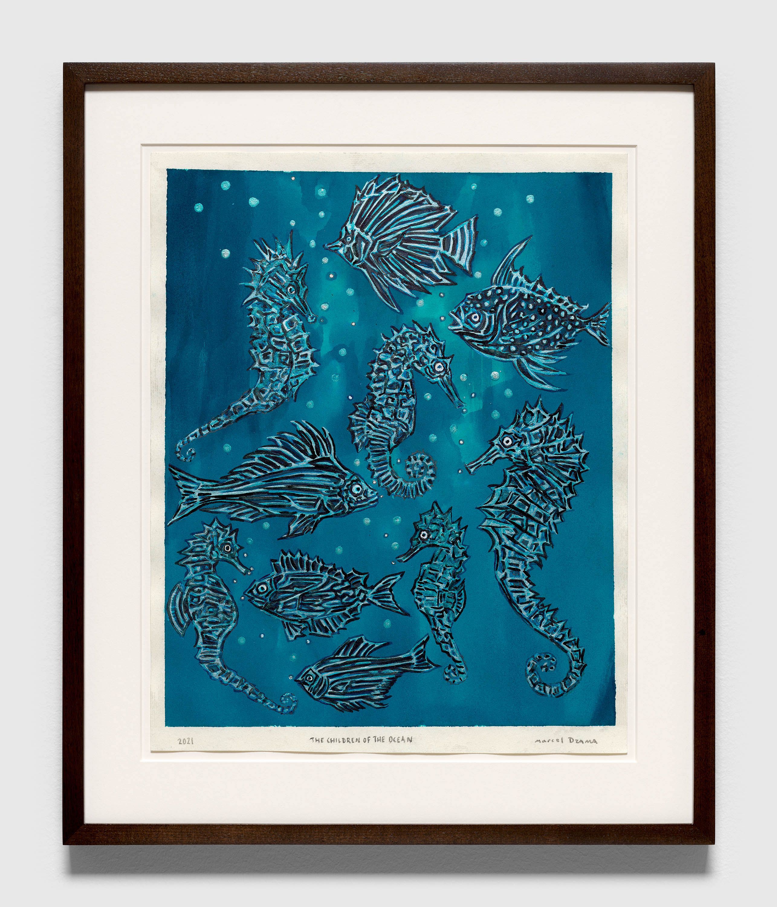 A work on paper by Marcel Dzama, titled The children of the ocean, dated 2021.