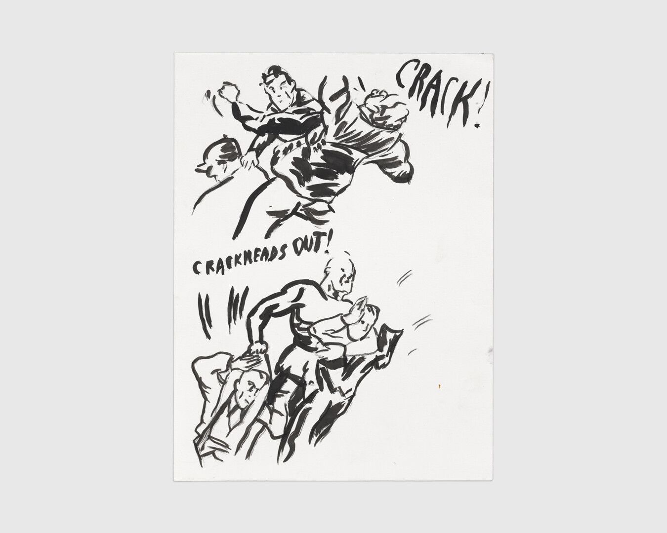 An ink and colored pencil drawing on paper by Raymond Pettibon, titled No Title (Crack crackheads out!), dated 2020.