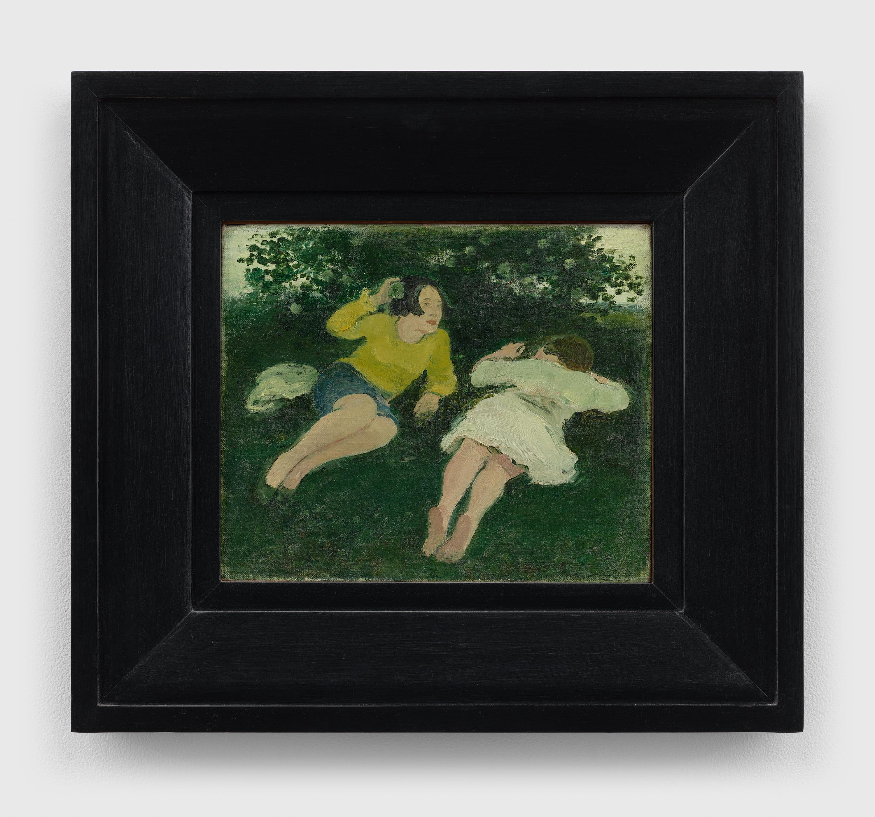 A painting by Albert York, titled Two Reclining Women in Landscape, circa 1967.