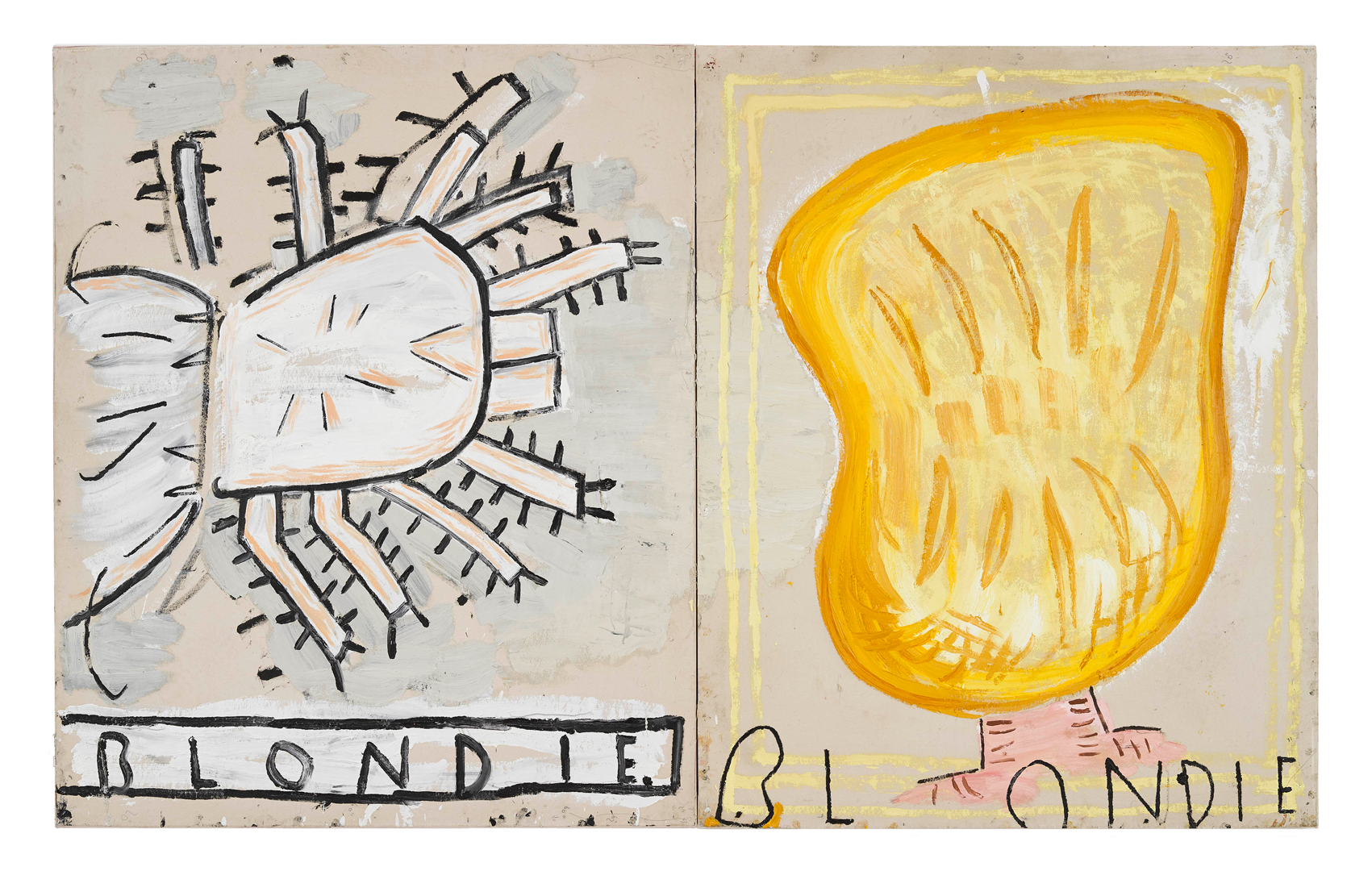 A painting by Rose Wylie titled Blondie Spider, dated 2019.