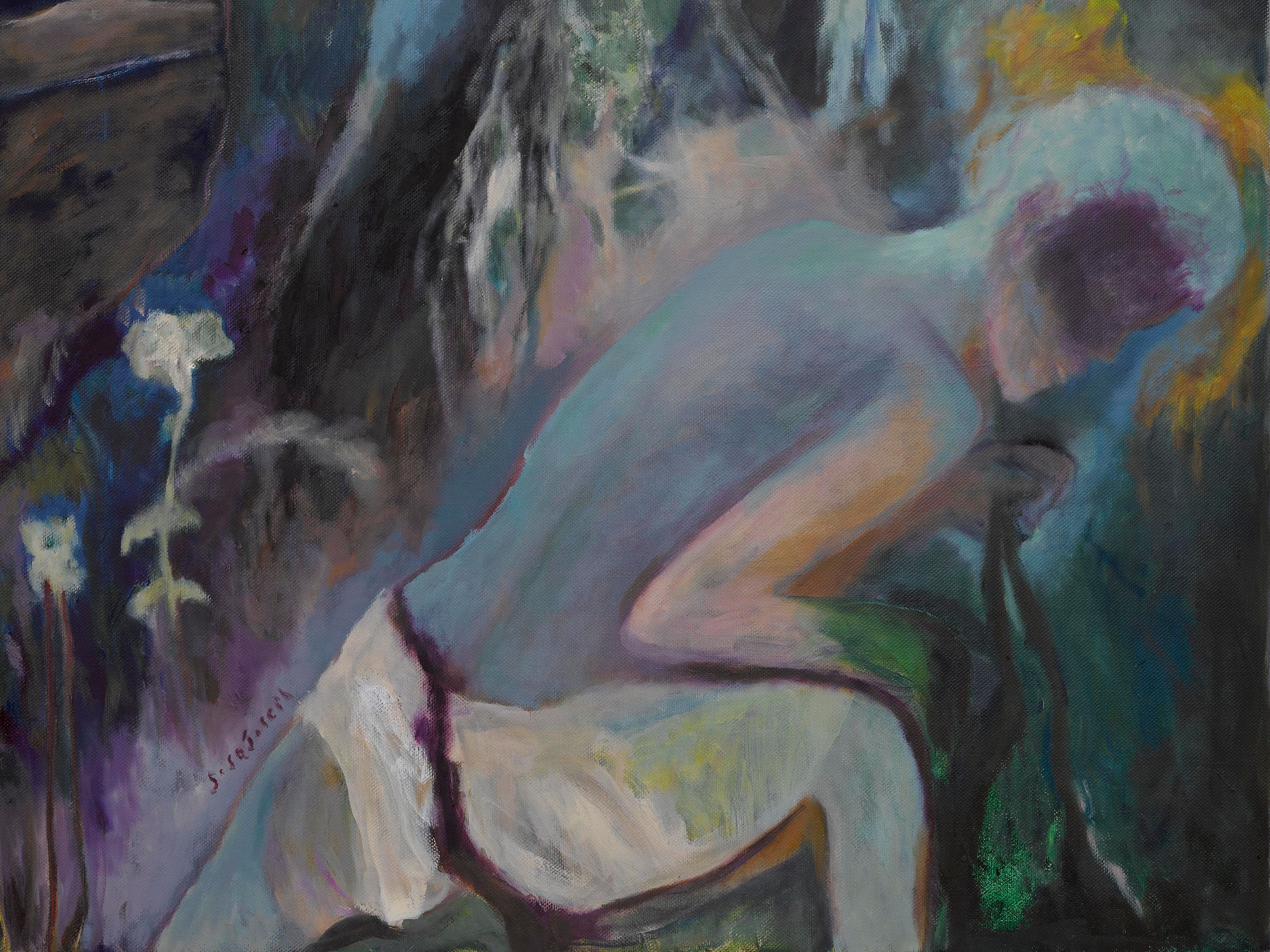 A detail from a painting by Sosa Joseph, titled Devil’s hour, by the river, dated 2025.