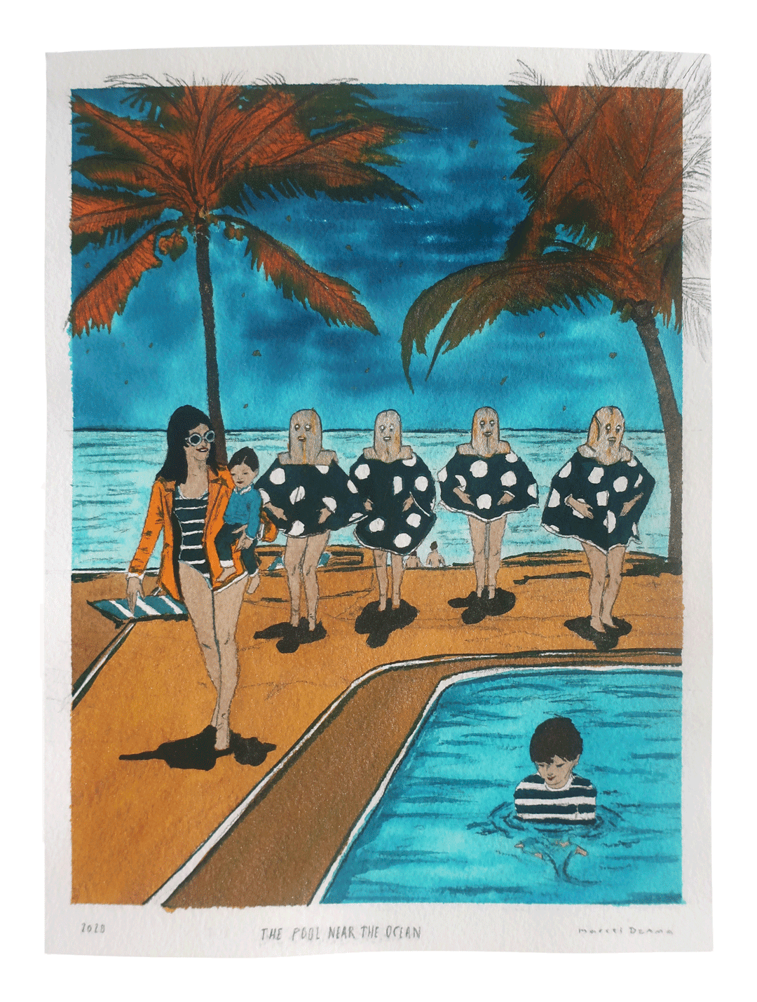 A work on paper by Marcel Dzama titled The pool near the ocean, dated 2020.
