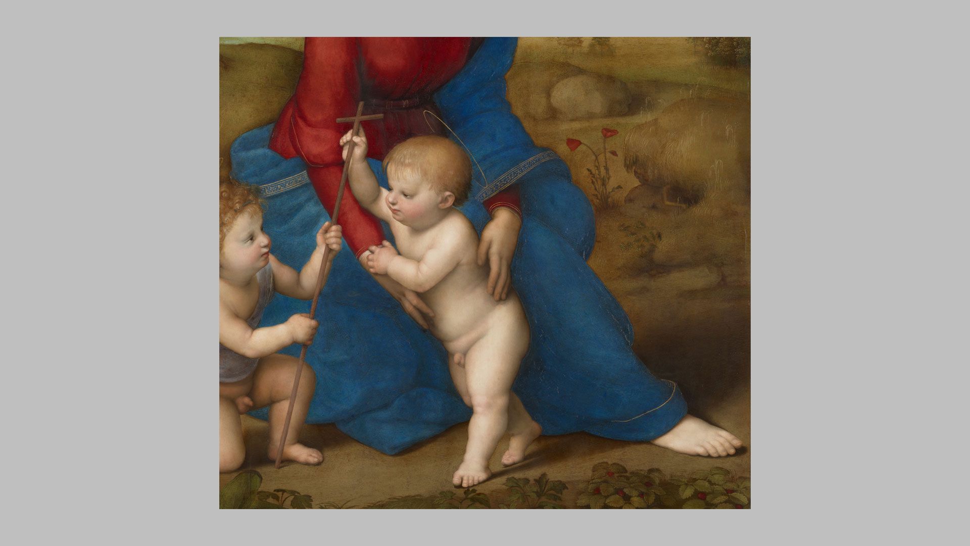 A detail from a A painting by Raphael, titled Madonna del Prato, dated 1505/1506.